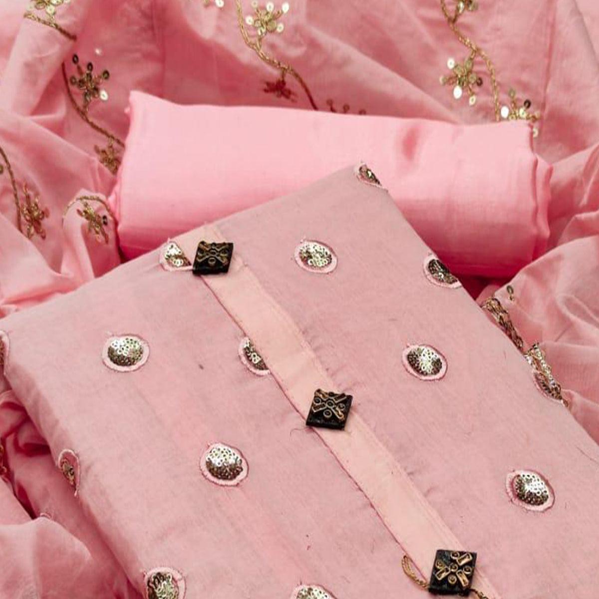 Pink Casual Wear Sequence Work Modal Chanderi Dress Material - Peachmode