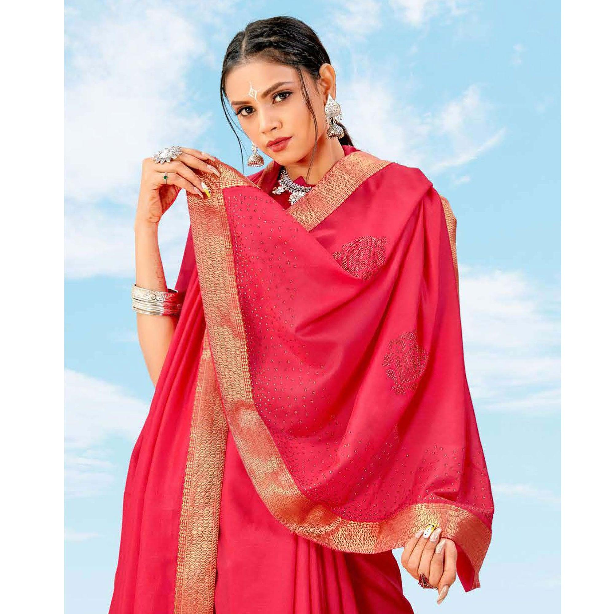 Pink Casual Wear Solid And Woven Silk Saree - Peachmode