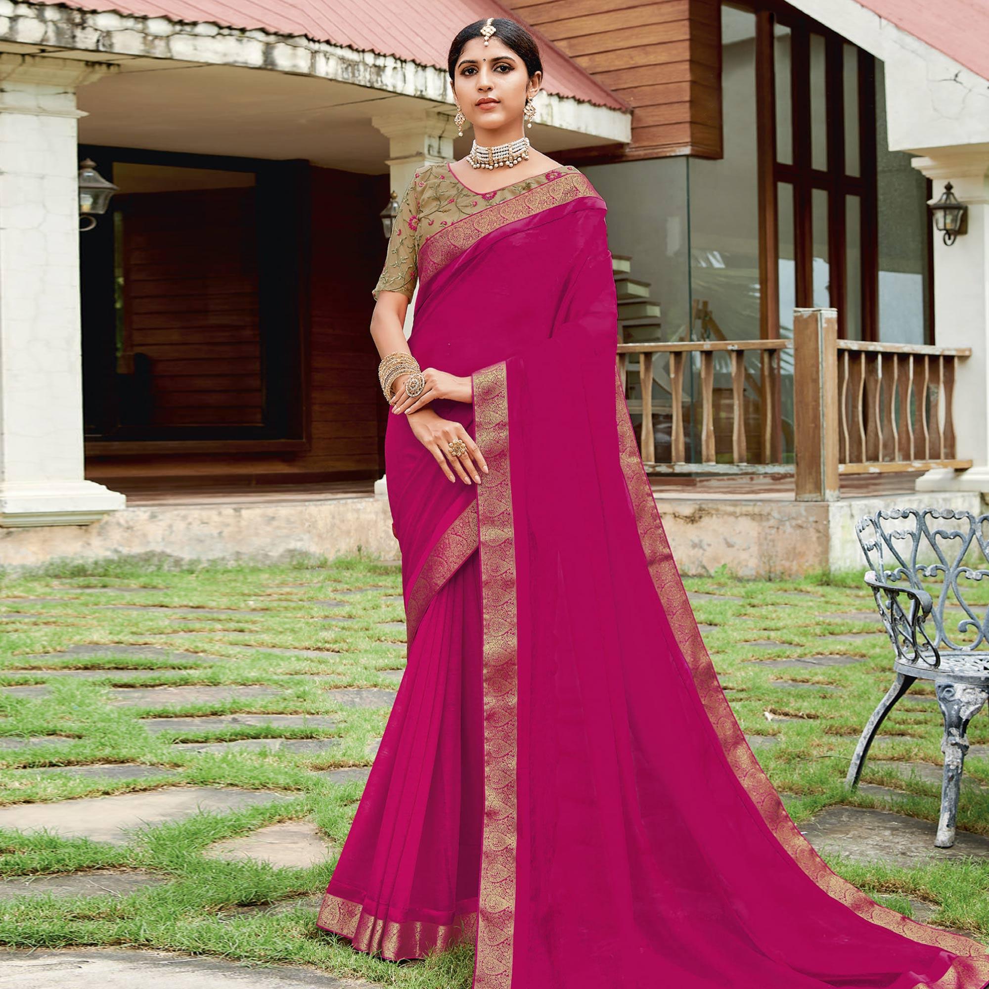 Pink Casual Wear Solid Chiffon Saree - Peachmode