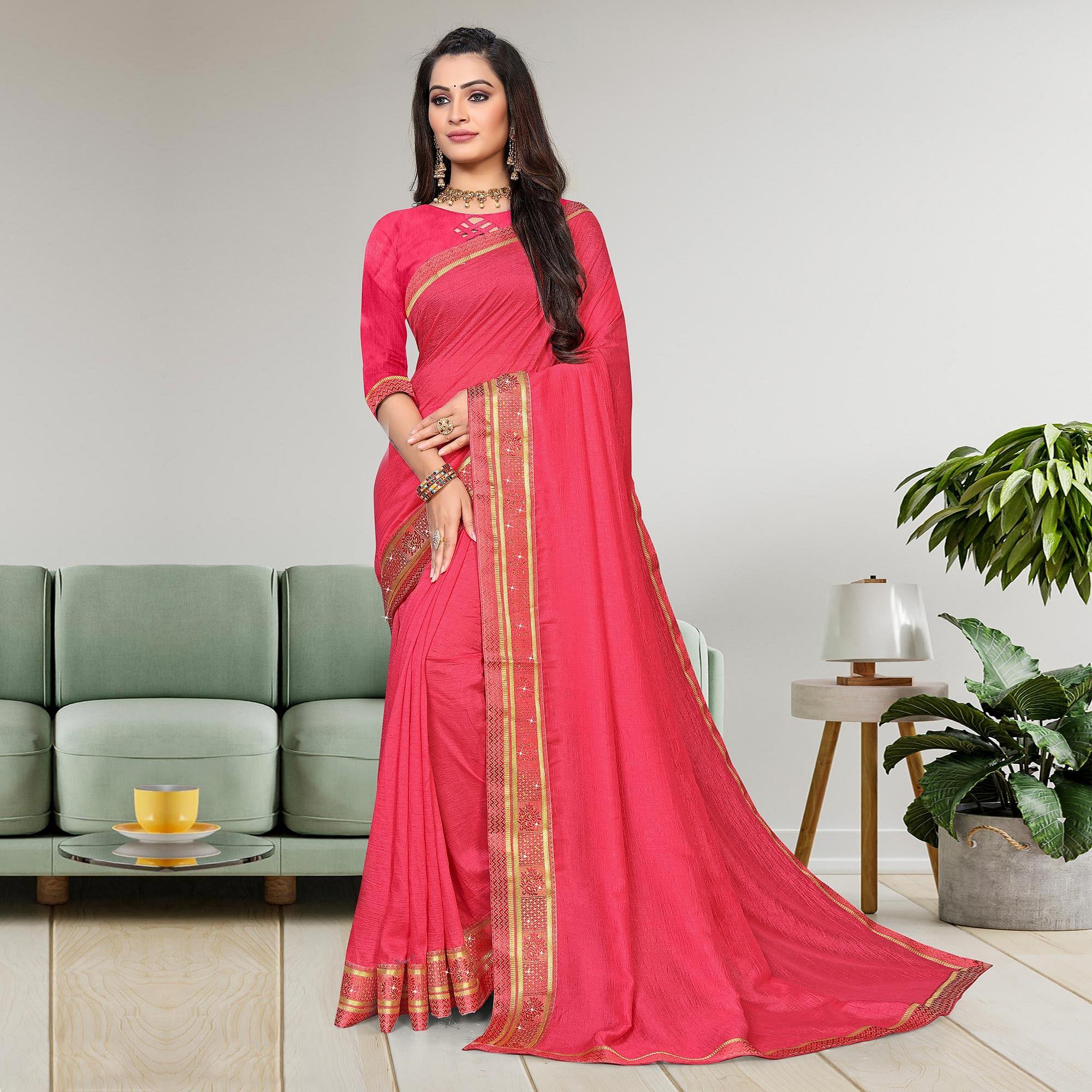 Pink Casual Wear Solid Vichitra Silk Saree - Peachmode