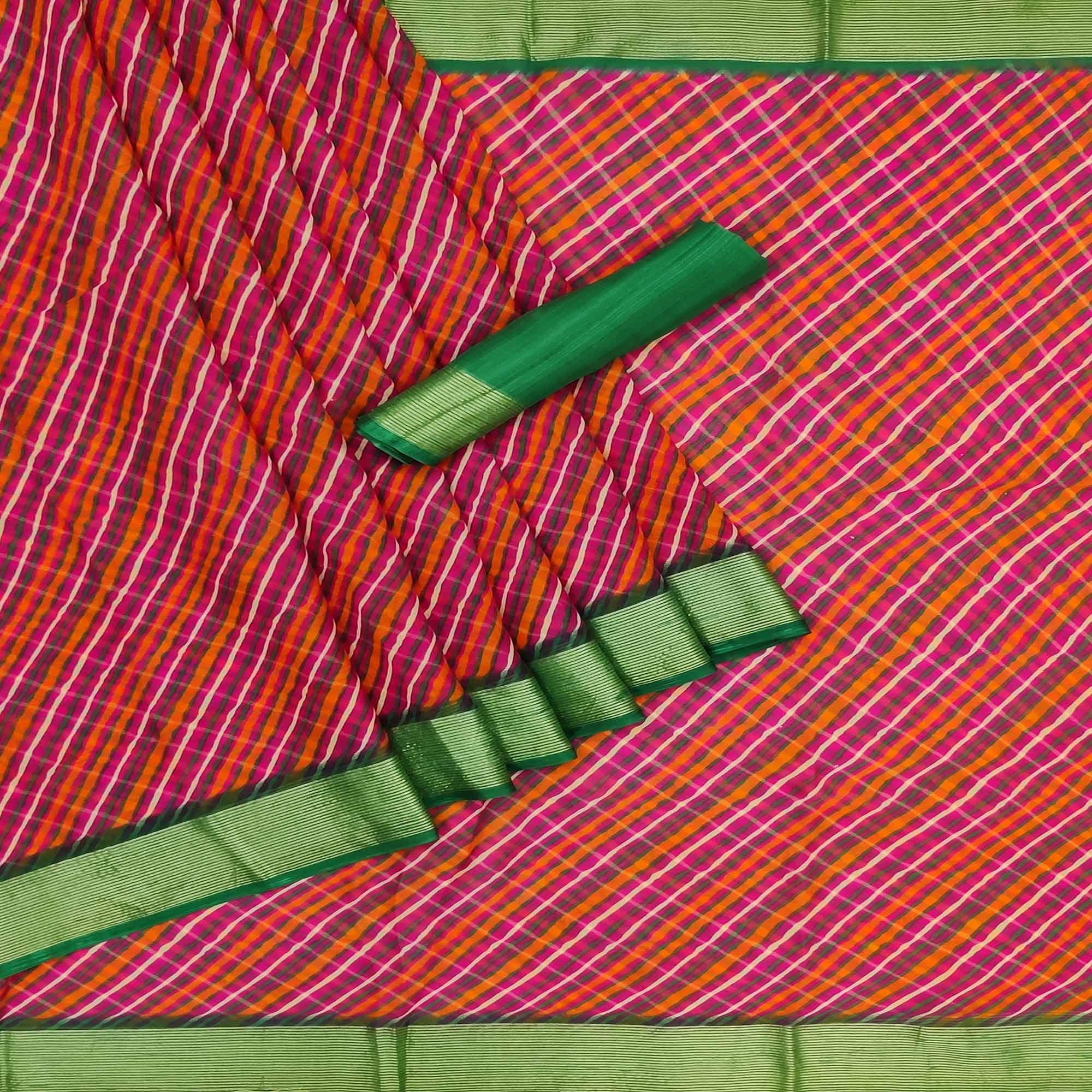 Pink Casual Wear Stripe Printed Chiffon Saree - Peachmode