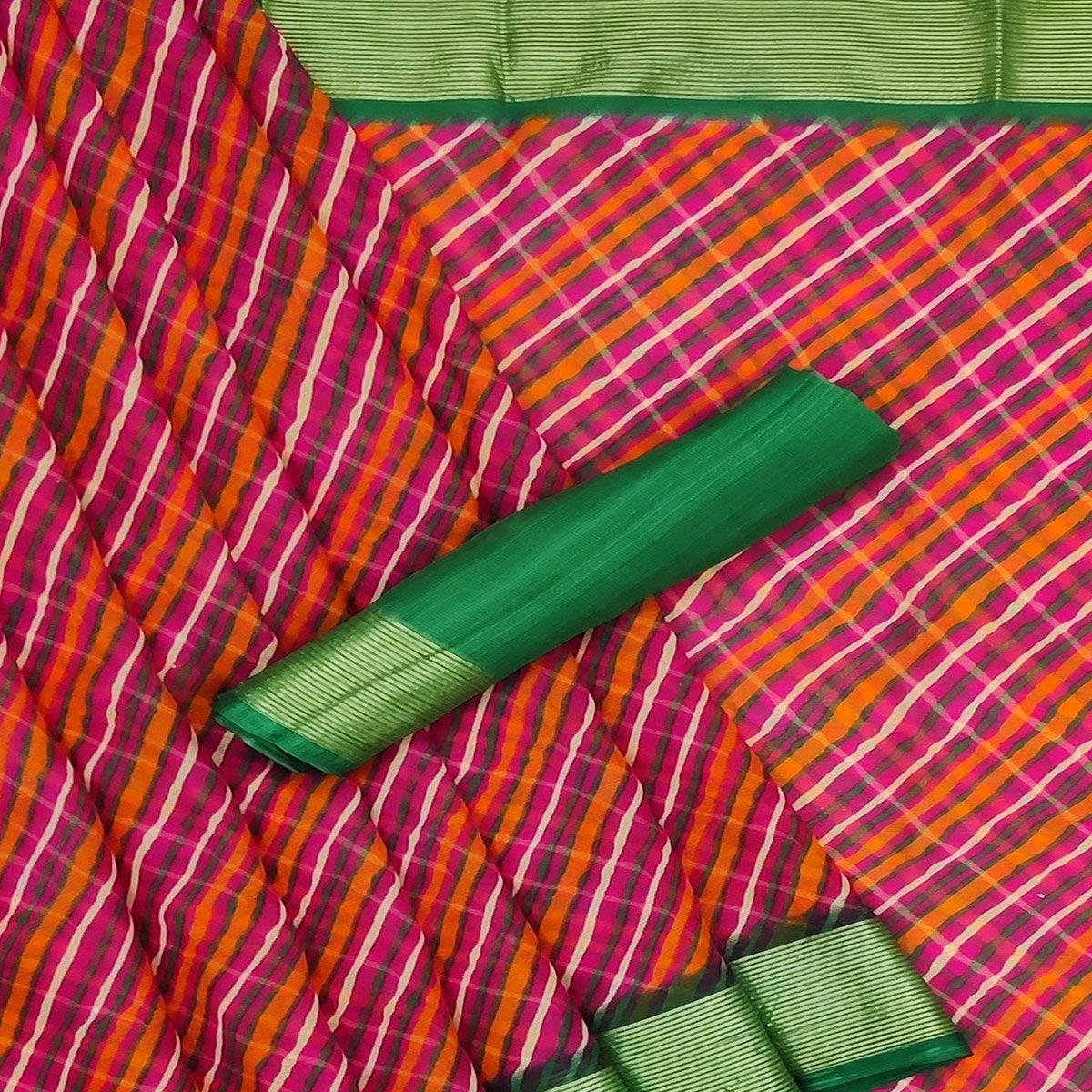 Pink Casual Wear Stripe Printed Chiffon Saree - Peachmode