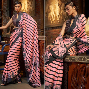 Pink Casual Wear Stripe Printed Satin Silk Saree - Peachmode