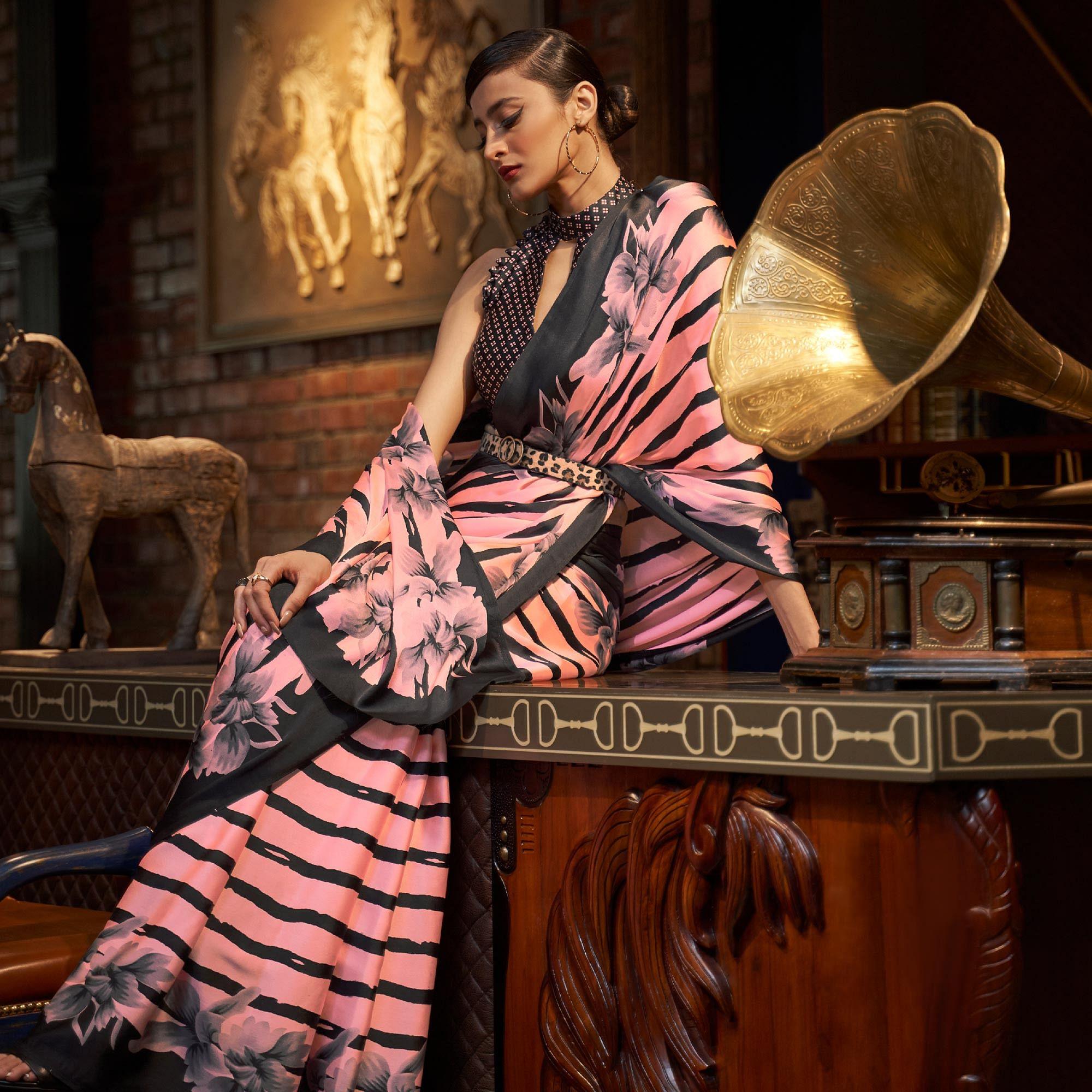 Pink Casual Wear Stripe Printed Satin Silk Saree - Peachmode