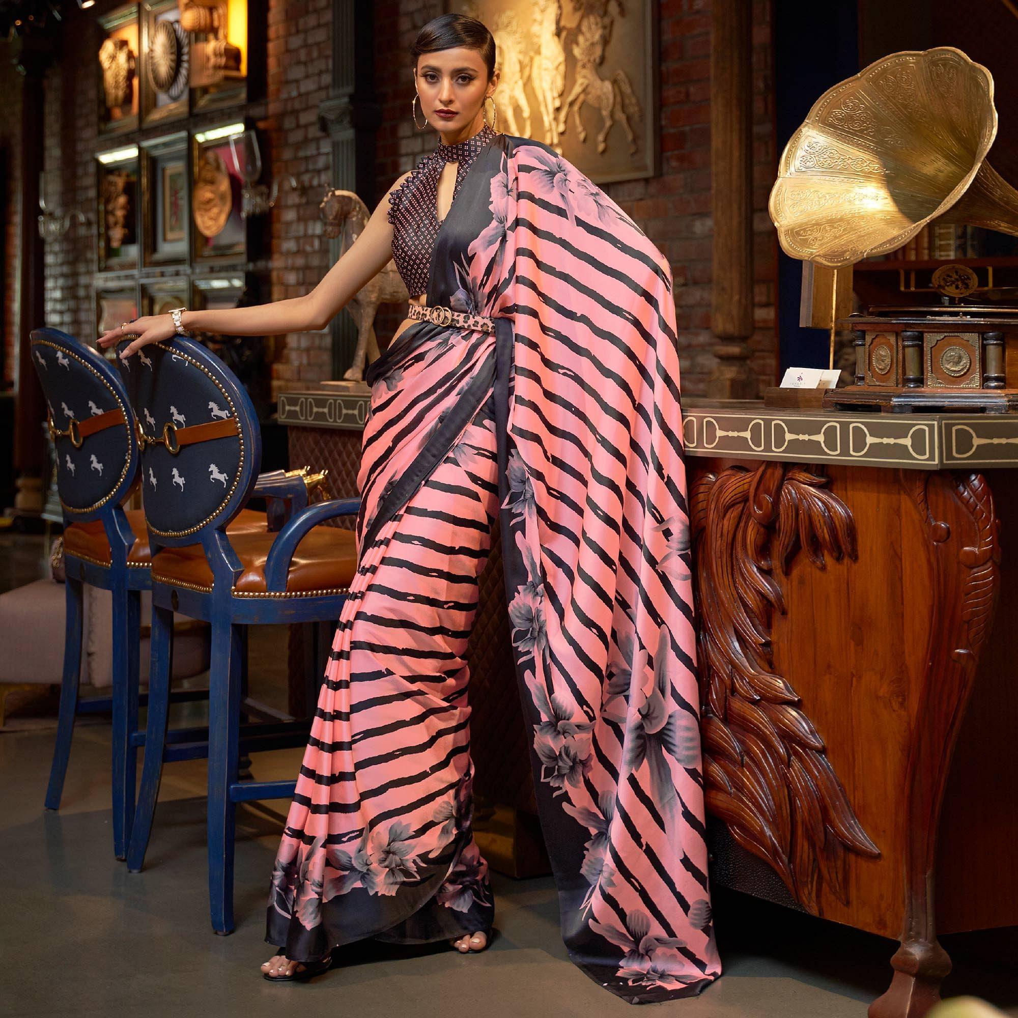 Pink Casual Wear Stripe Printed Satin Silk Saree - Peachmode
