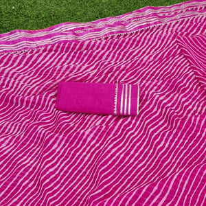 Pink Casual Wear Striped Printed Georgette Saree With Gotta Patti Lace Border - Peachmode