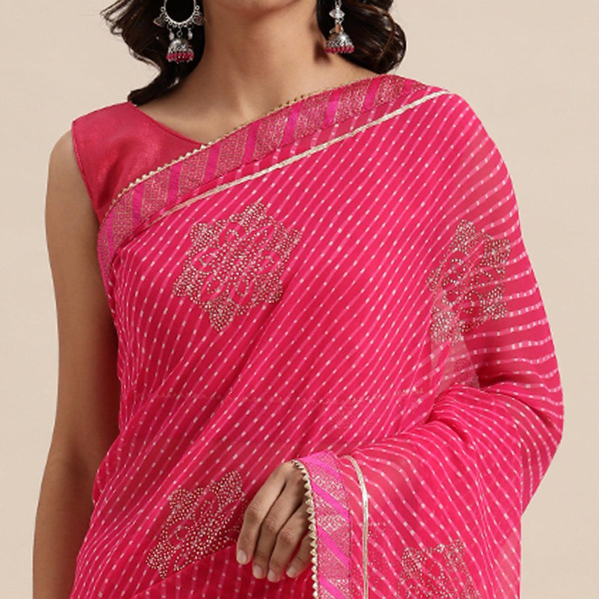 Pink Casual Wear Stripes Printed Georgette Saree - Peachmode