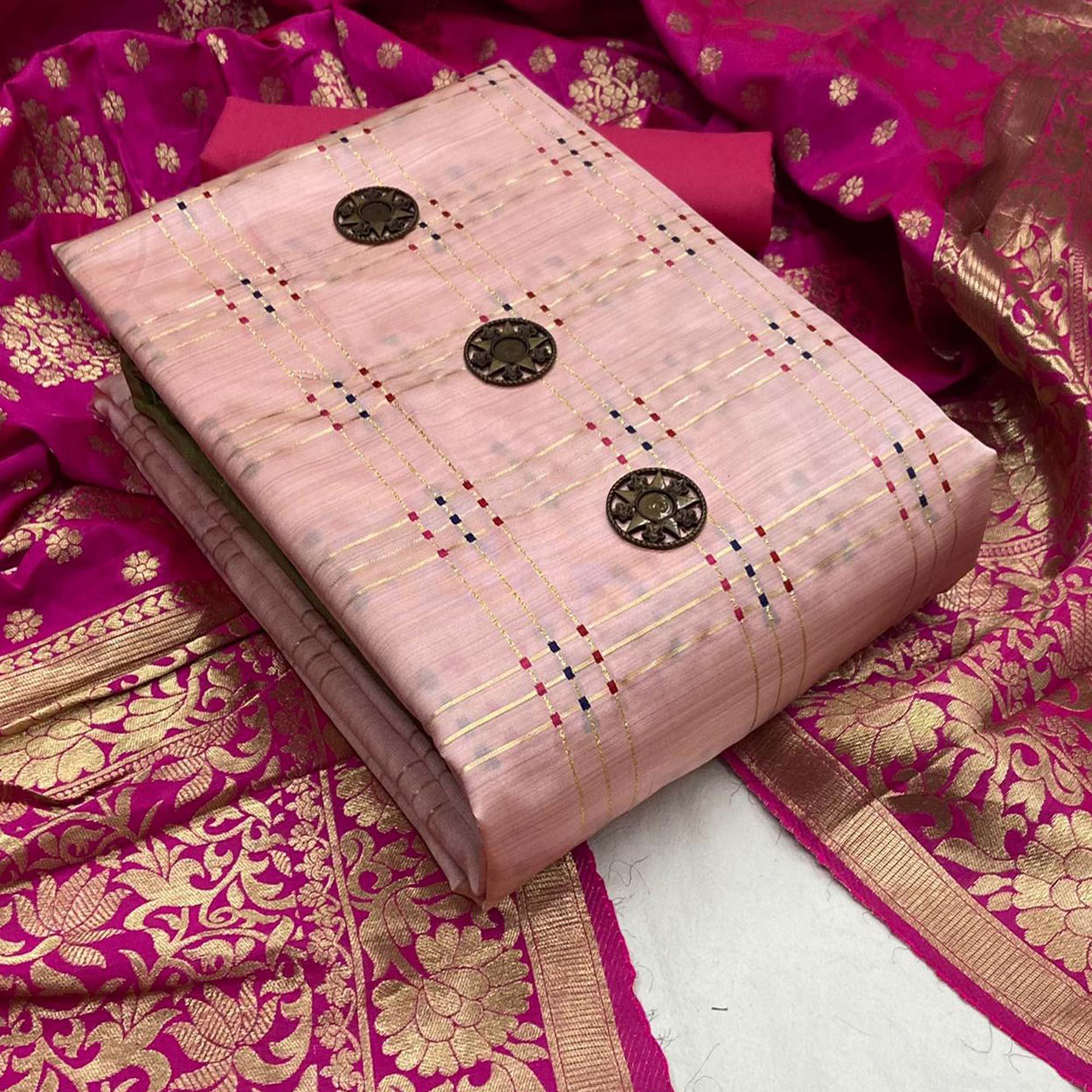 Pink Casual Wear Woven Banarasi Silk Dress Material - Peachmode