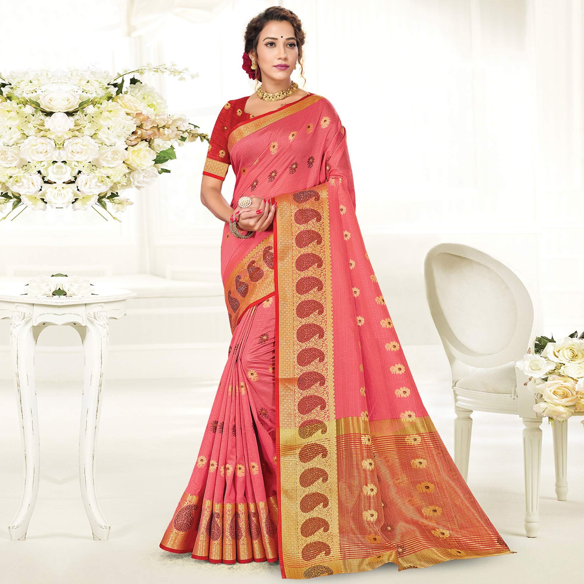 Pink Casual Wear Woven Cotton Handloom Saree - Peachmode
