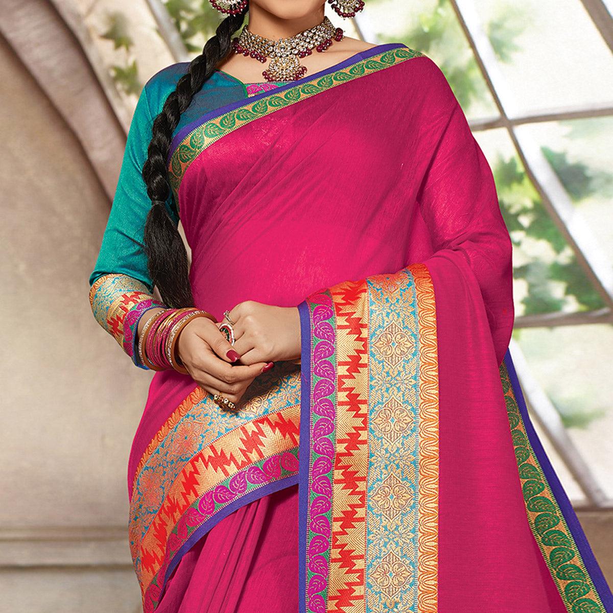 Pink Casual Wear Woven Cotton Handloom Saree - Peachmode