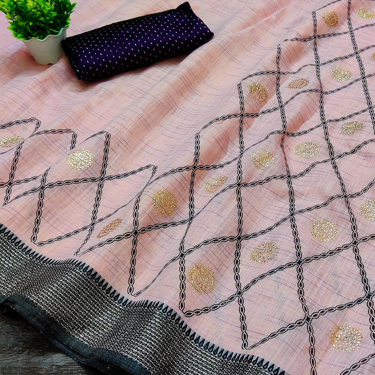 Pink Casual Wear Woven Cotton Saree With Mukaish Work - Peachmode
