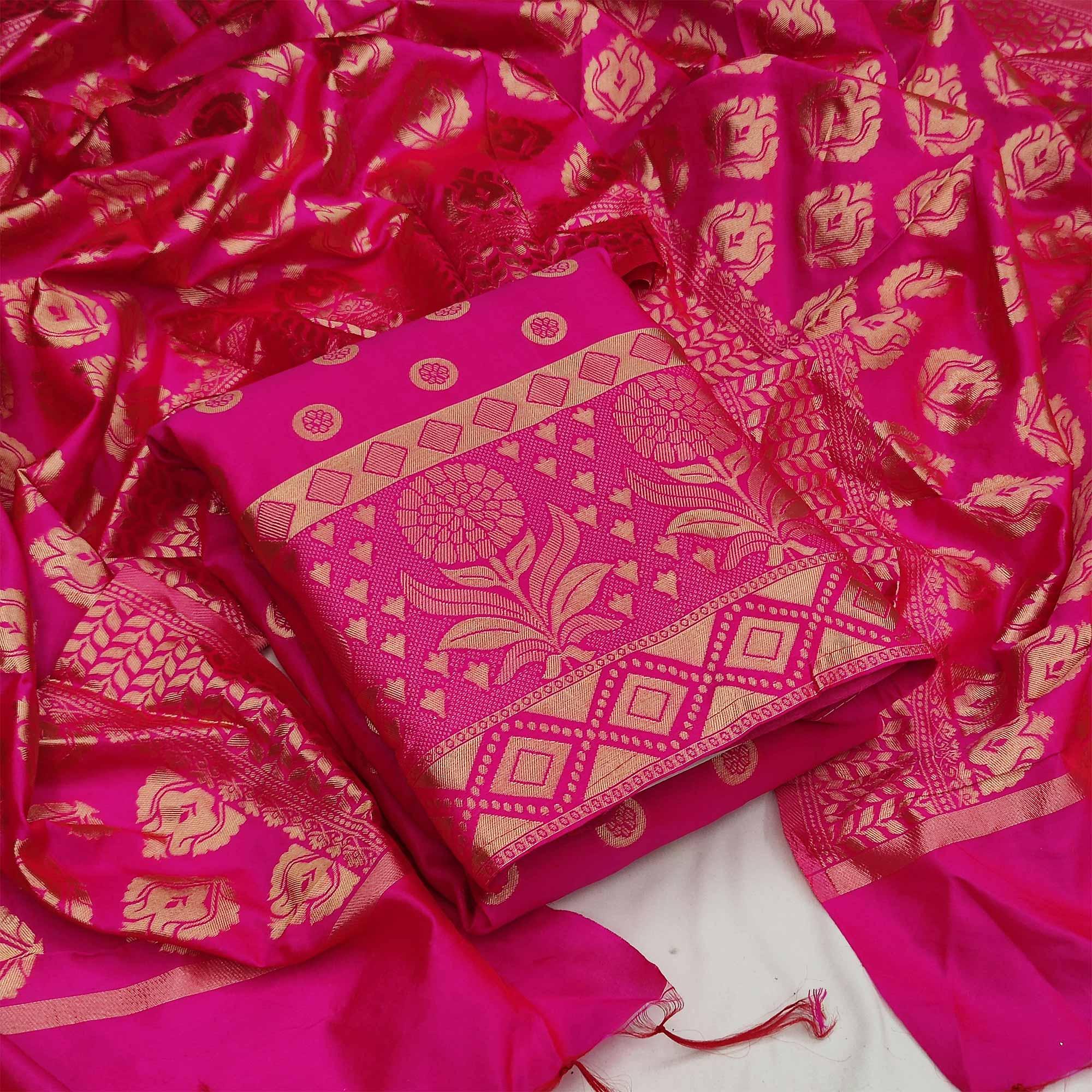 Pink Casual Wear Woven Jacquard Banarasi Silk Dress Material - Peachmode