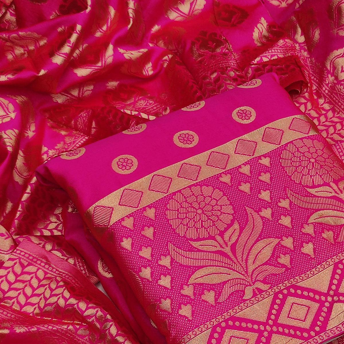 Pink Casual Wear Woven Jacquard Banarasi Silk Dress Material - Peachmode