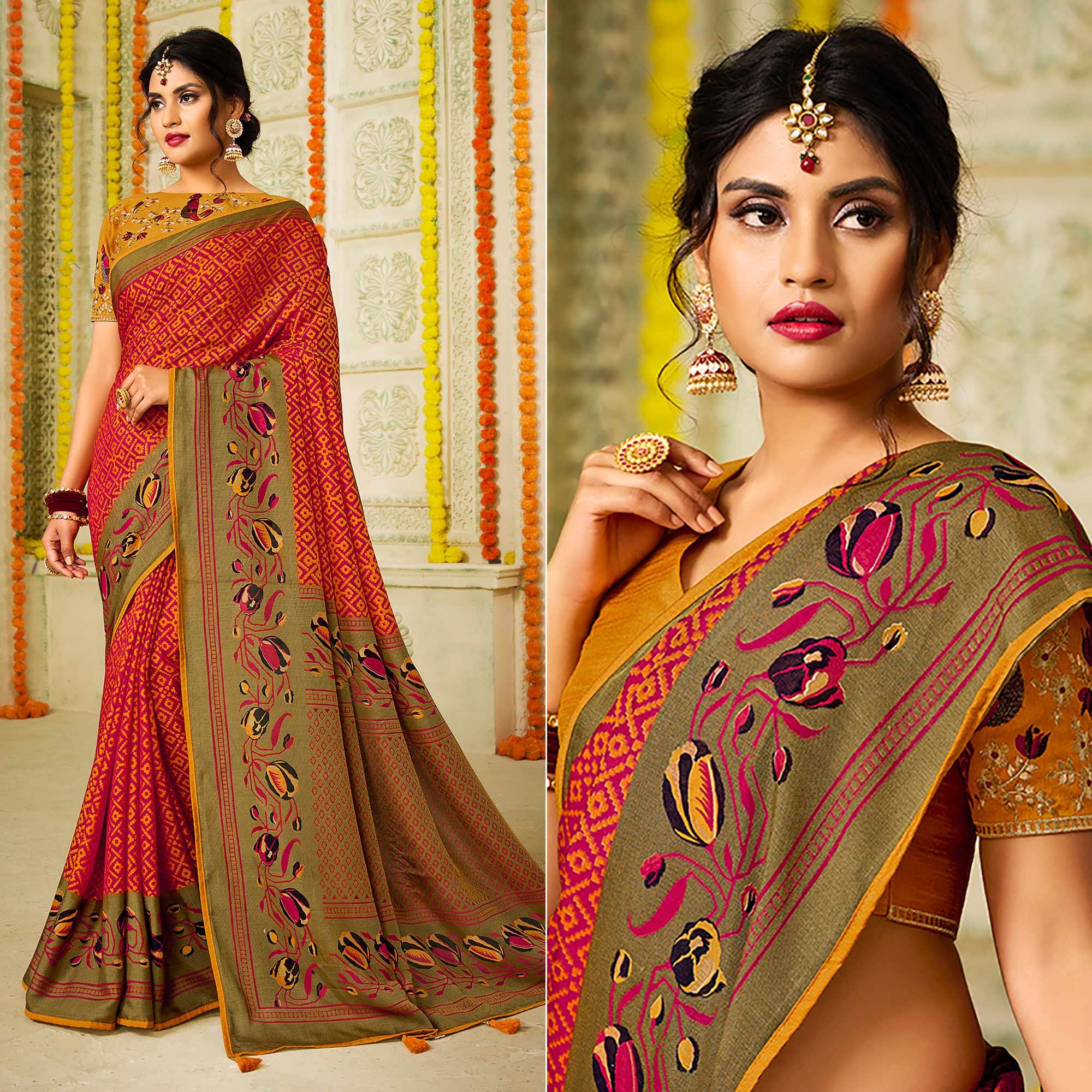 Pink Checks Printed Brasso Saree With Tassels - Peachmode