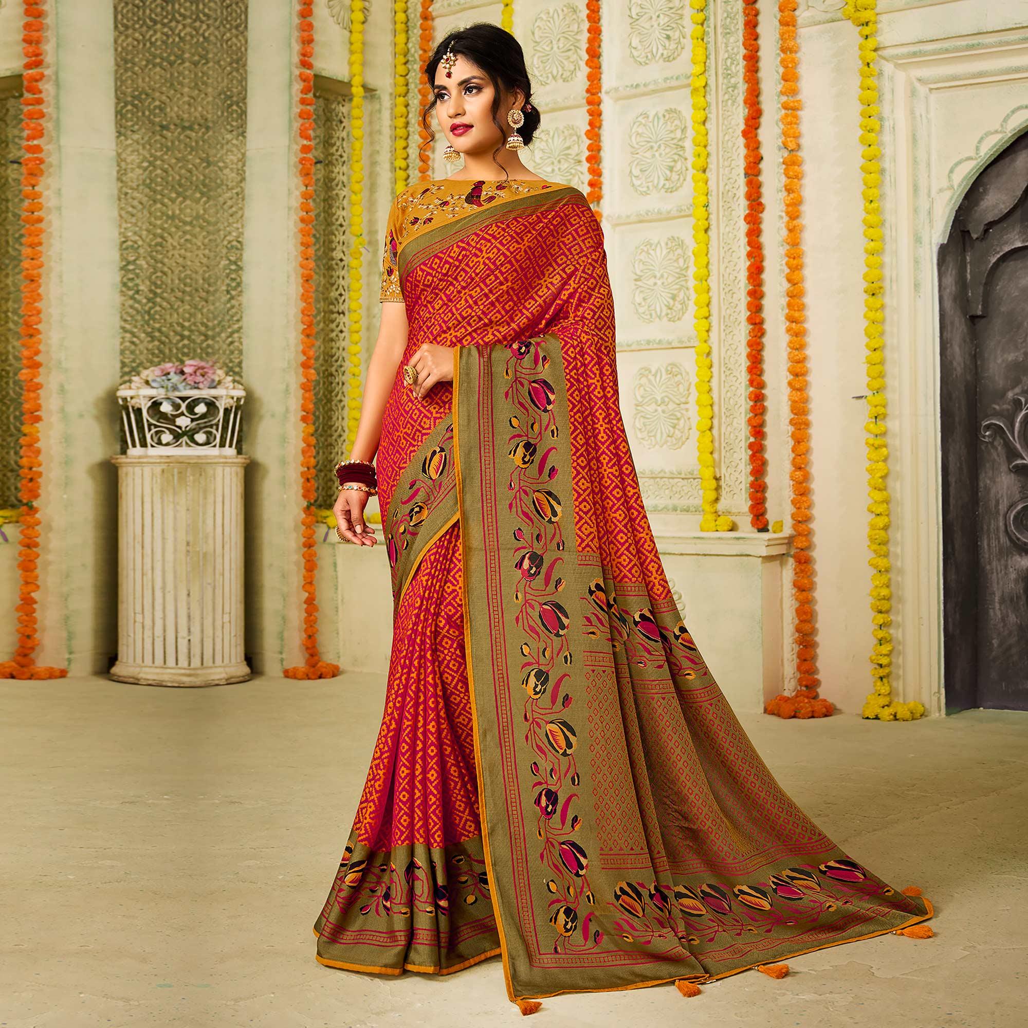 Pink Checks Printed Brasso Saree With Tassels - Peachmode