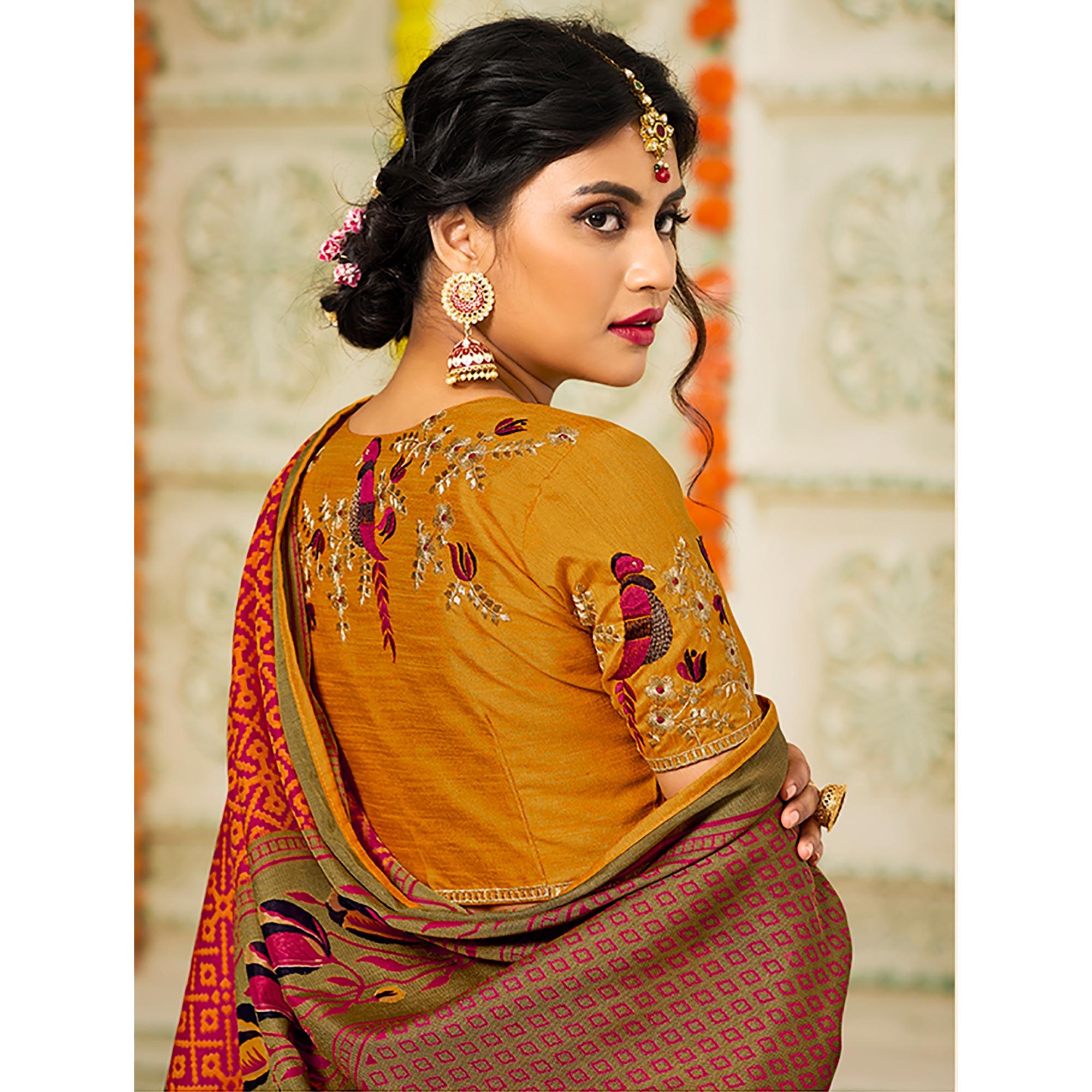 Pink Checks Printed Brasso Saree With Tassels - Peachmode