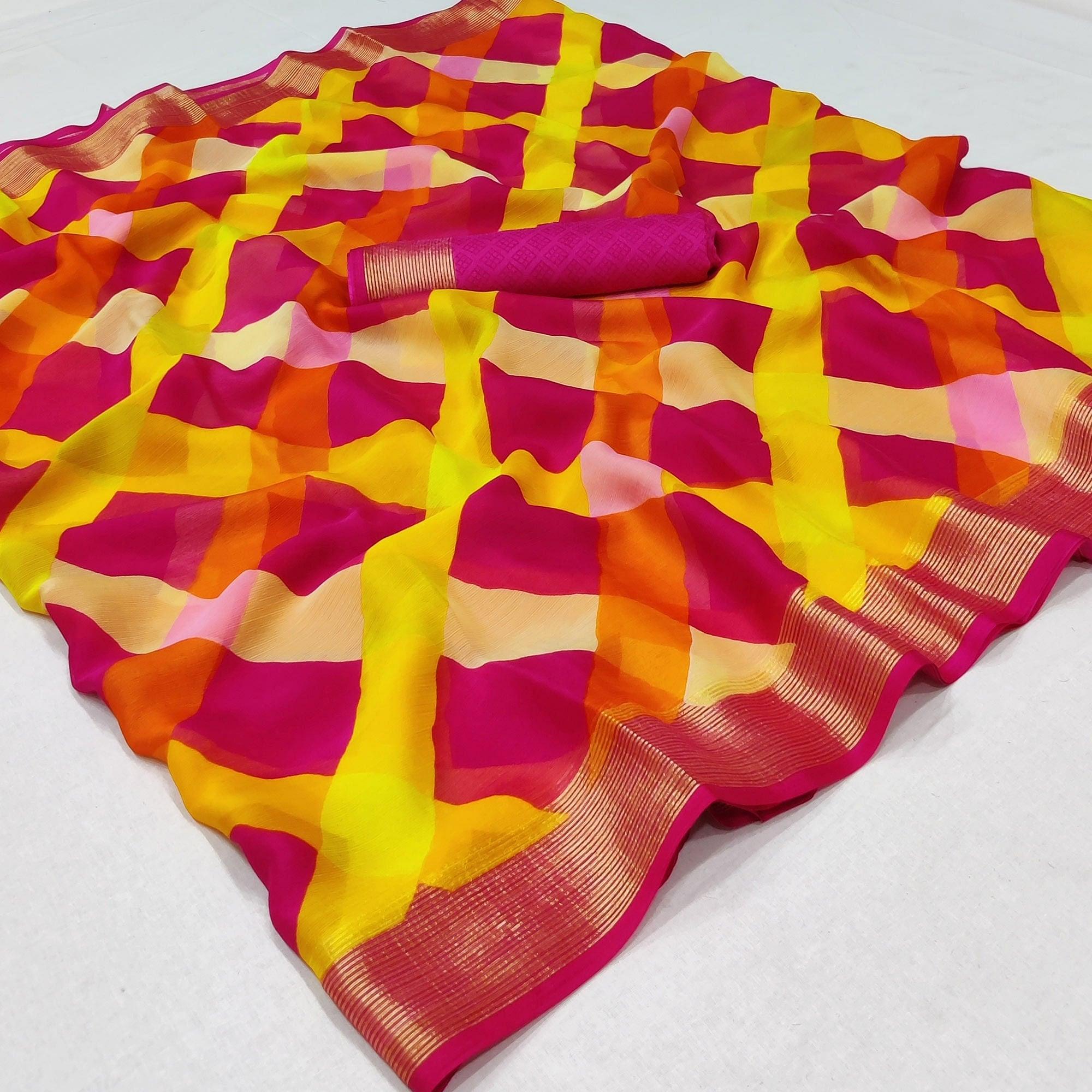Pink Cheks Printed Chiffon Saree - Peachmode