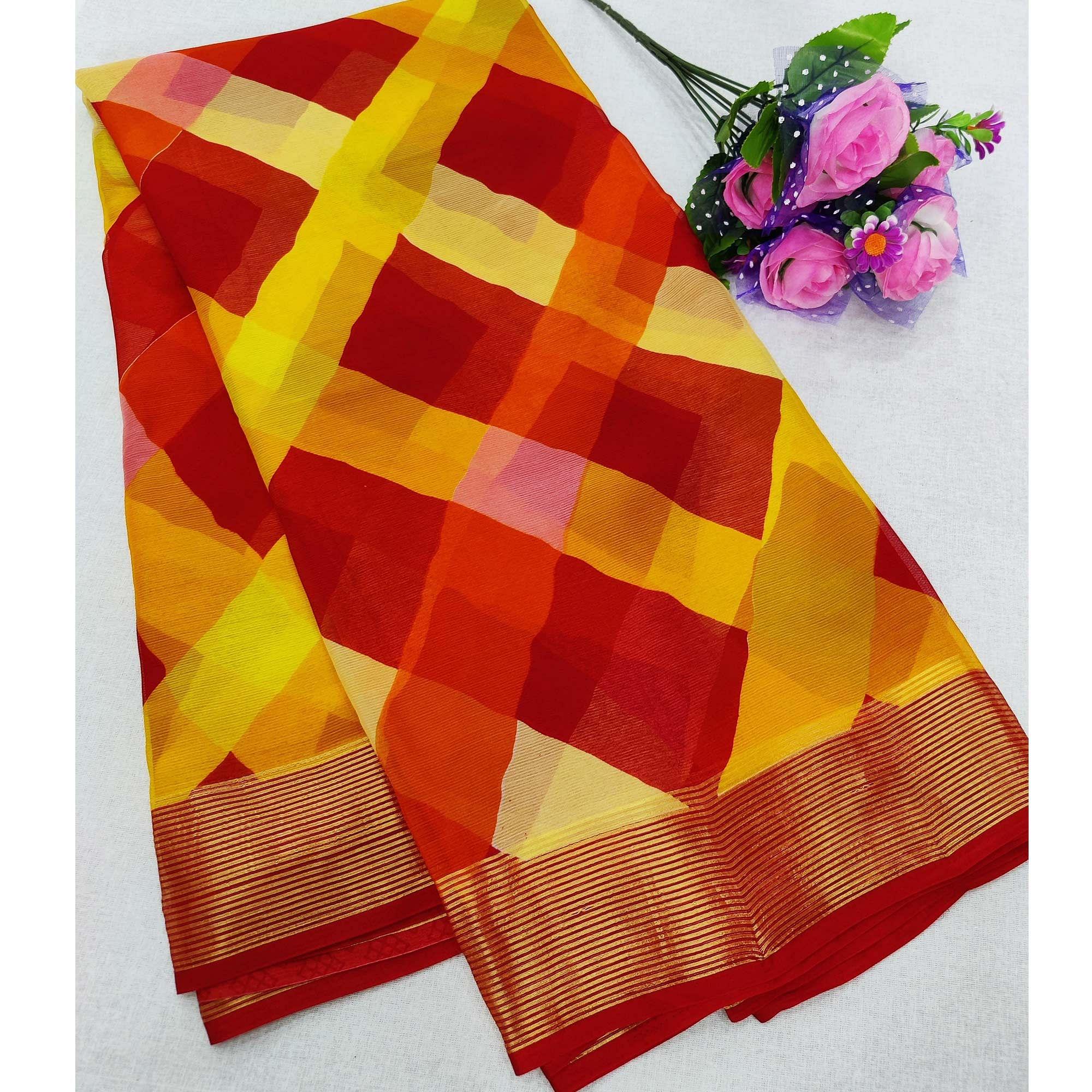 Pink Cheks Printed Chiffon Saree - Peachmode