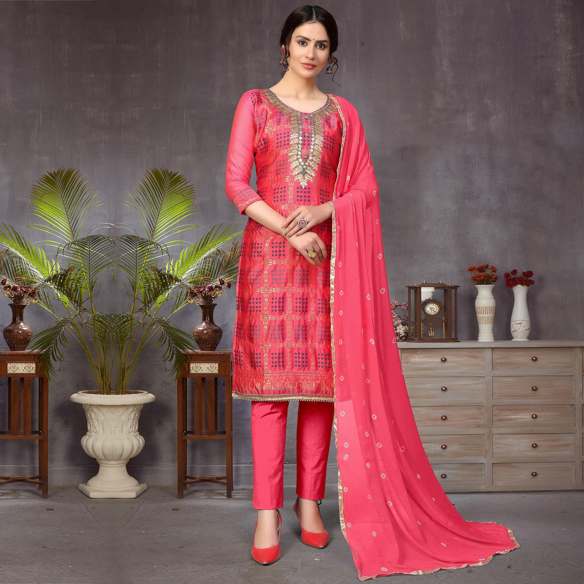 Pink Colored Festive Wear Woven Heavy Banarasi Silk Dress Material - Peachmode