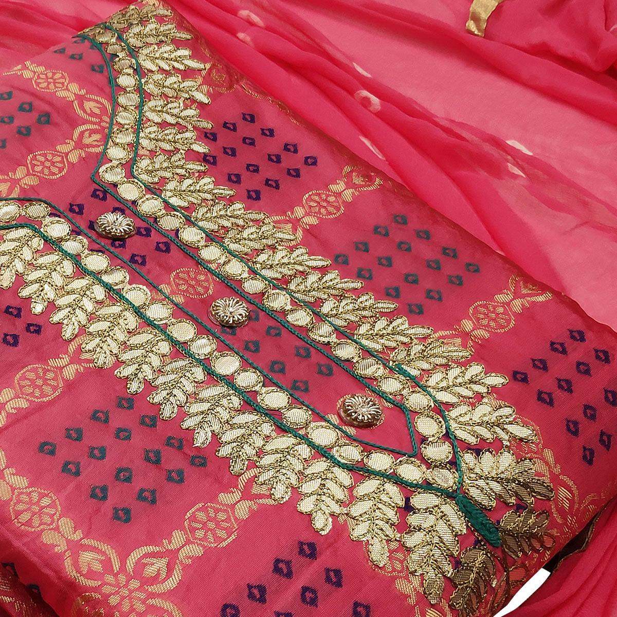 Pink Colored Festive Wear Woven Heavy Banarasi Silk Dress Material - Peachmode