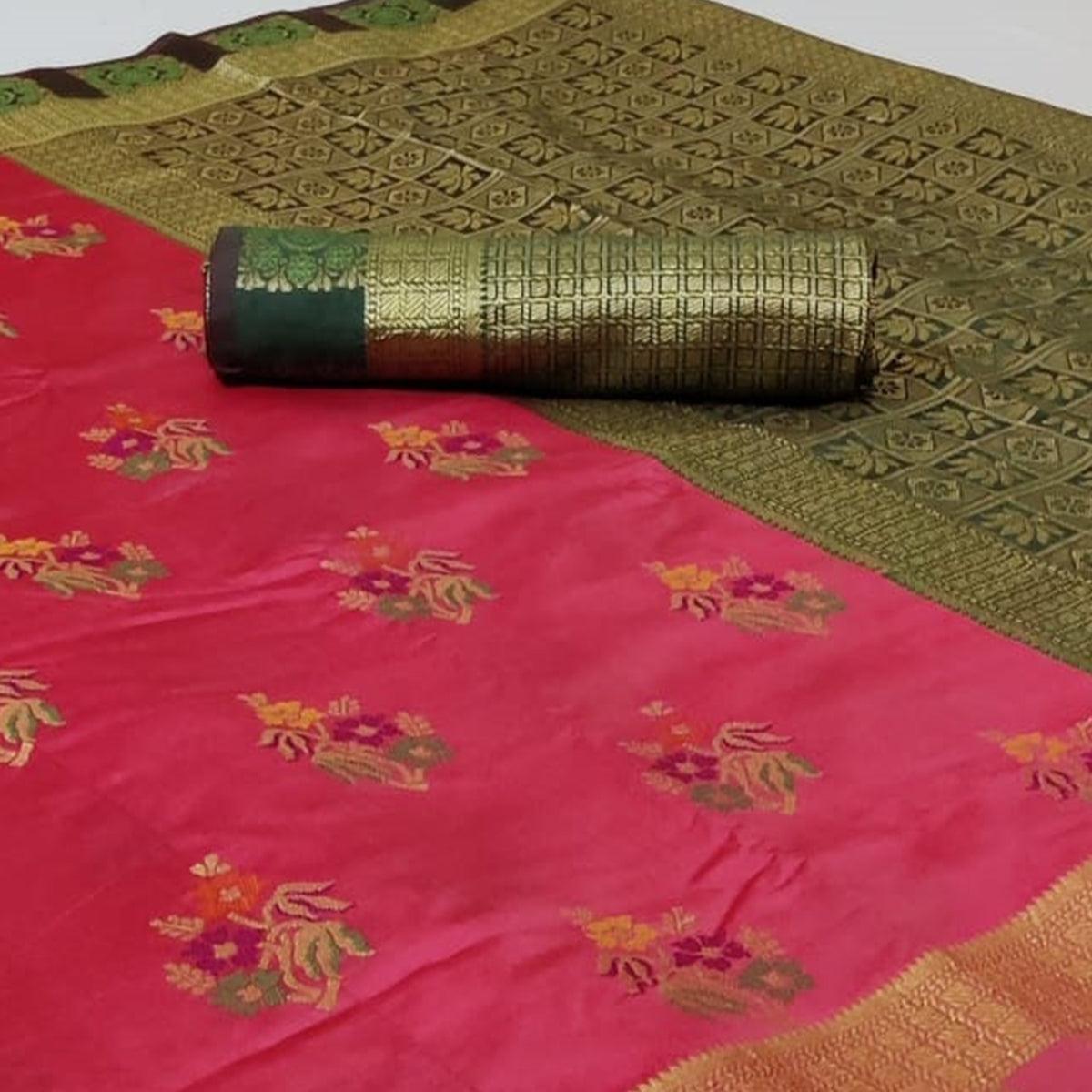 Pink Colored Festive Wear Woven Silk Saree - Peachmode
