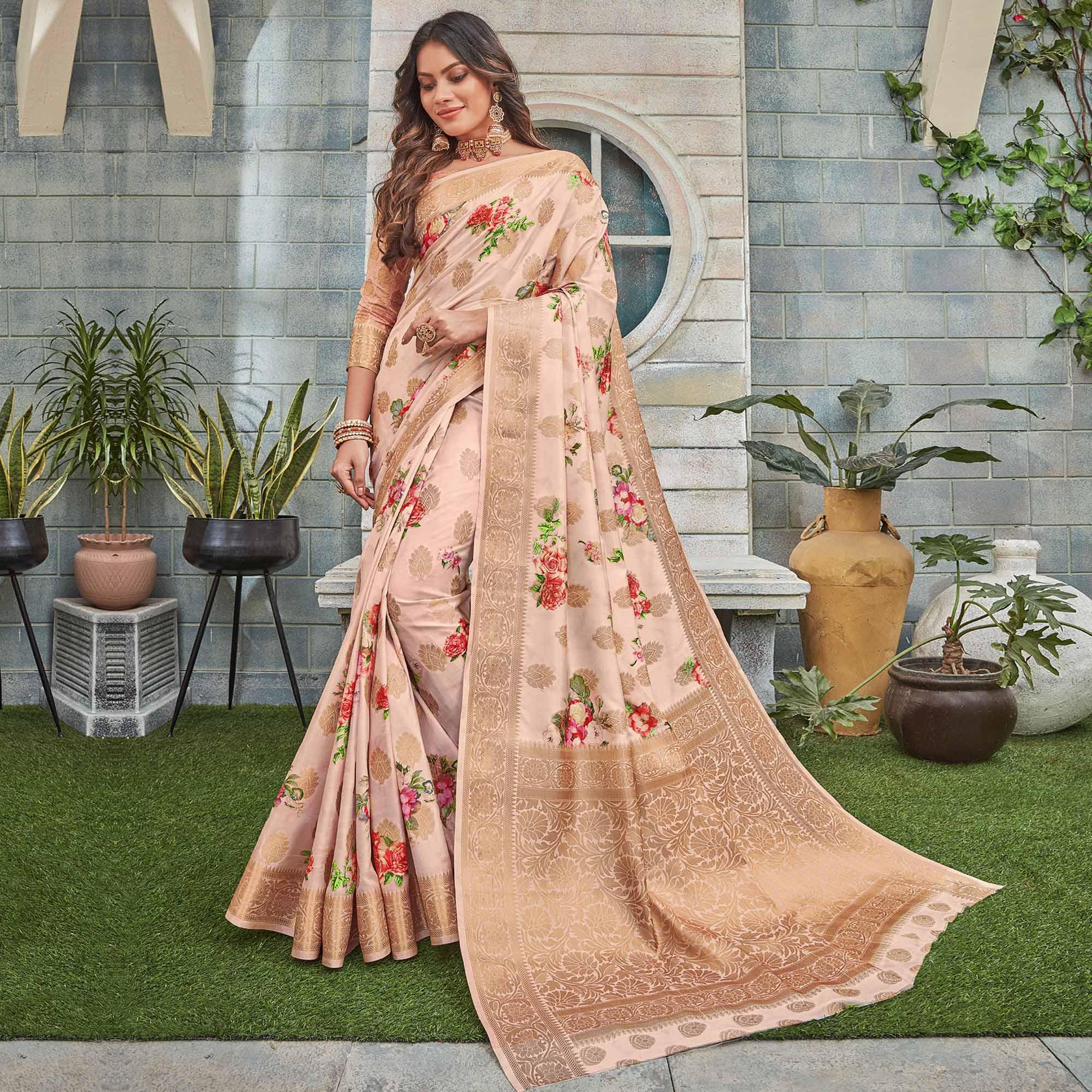 Pink Colour Festive Wear Woven Silk Saree - Peachmode