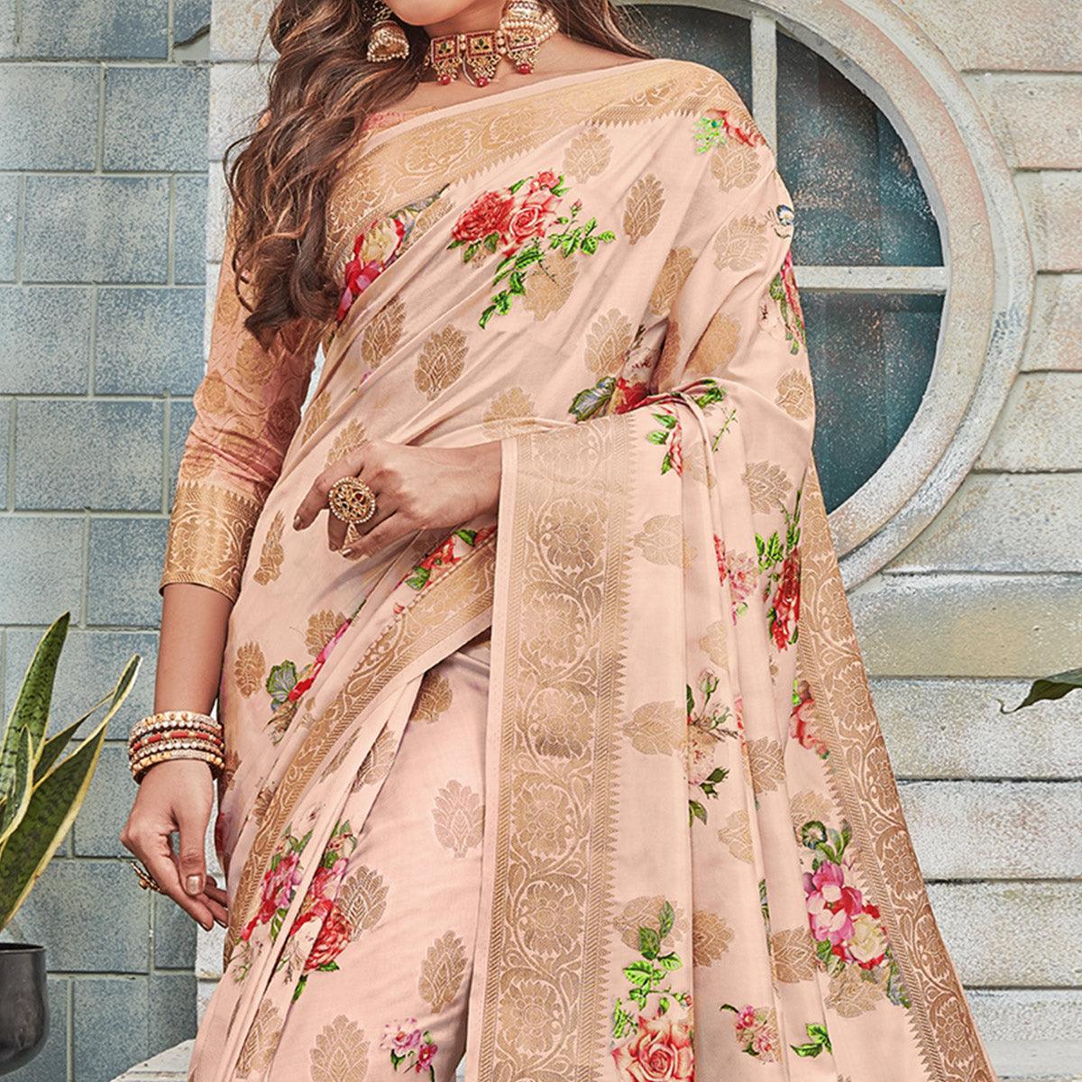Pink Colour Festive Wear Woven Silk Saree - Peachmode