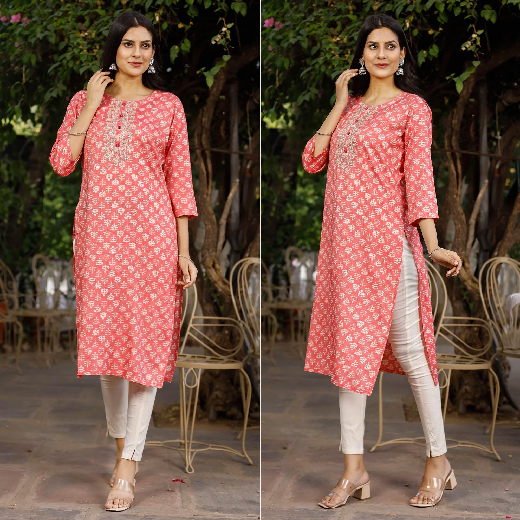 Pink Crayon Printed Rayon Kurti - Peachmode