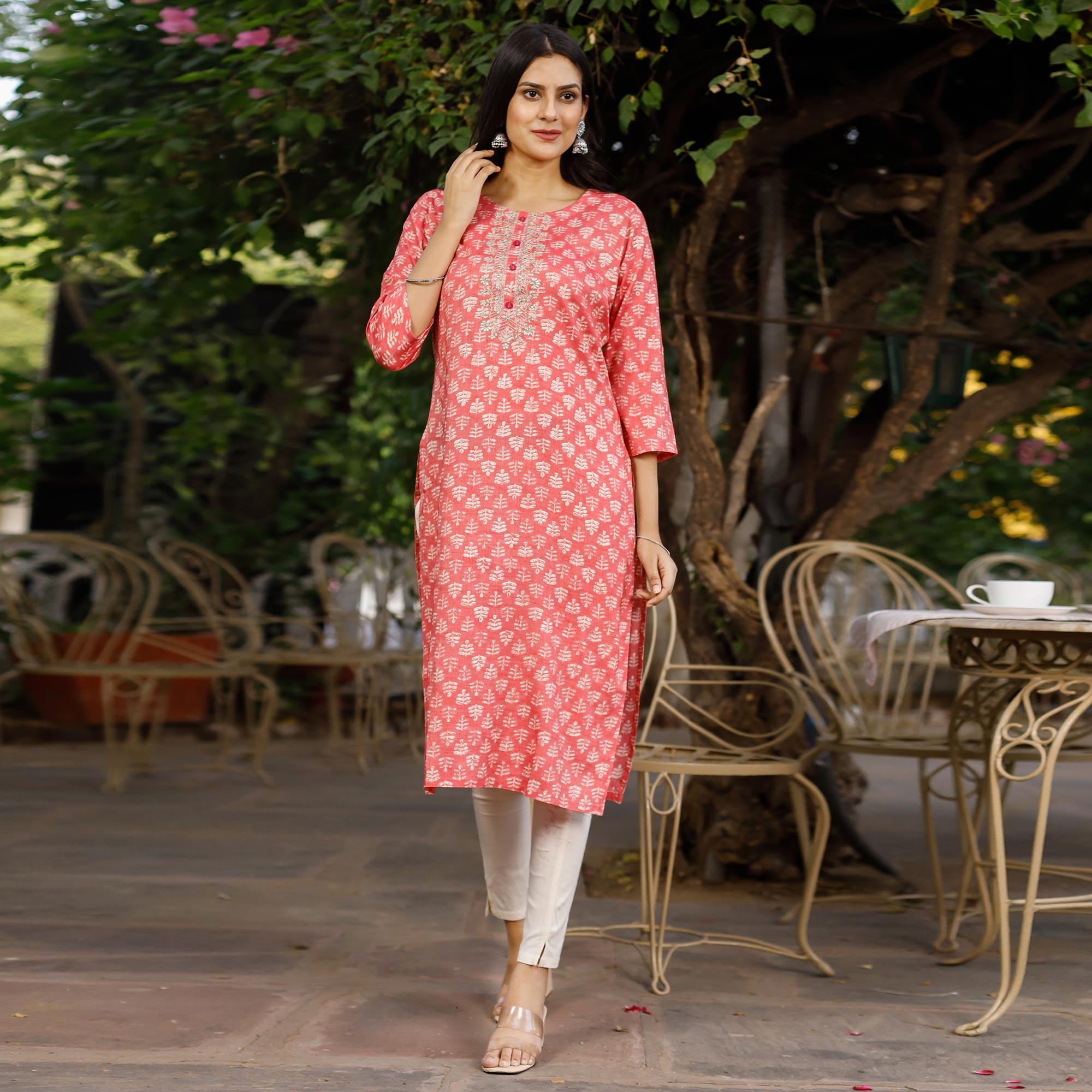 Pink Crayon Printed Rayon Kurti - Peachmode