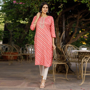 Pink Crayon Printed Rayon Kurti - Peachmode