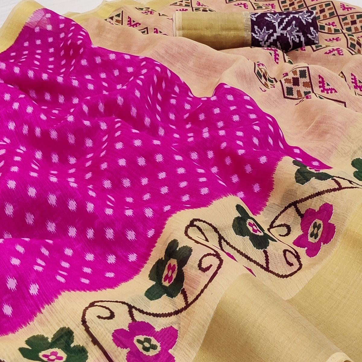 Pink-Cream Casual Wear Printed Cotton Saree With Jari Border - Peachmode