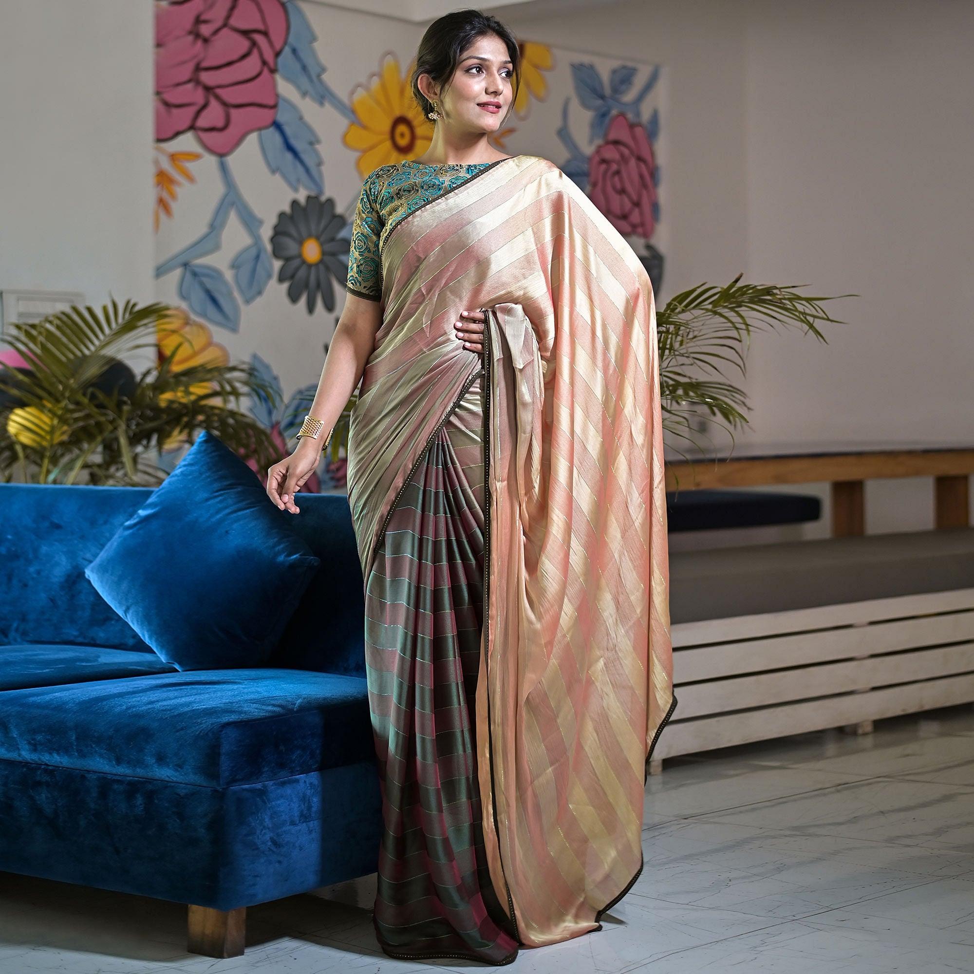 Pink-Cream Stripe Printed Satin Saree - Peachmode