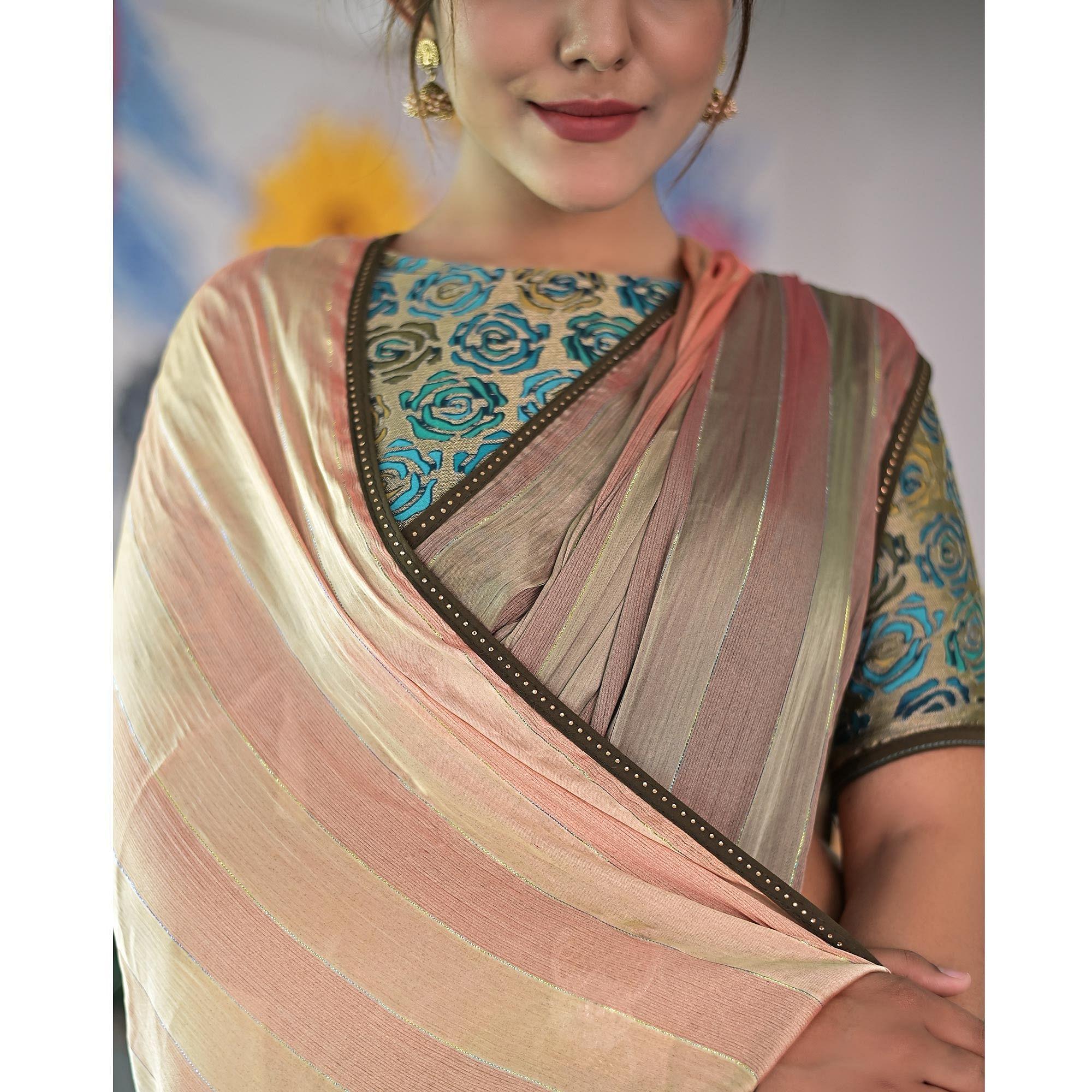 Pink-Cream Stripe Printed Satin Saree - Peachmode