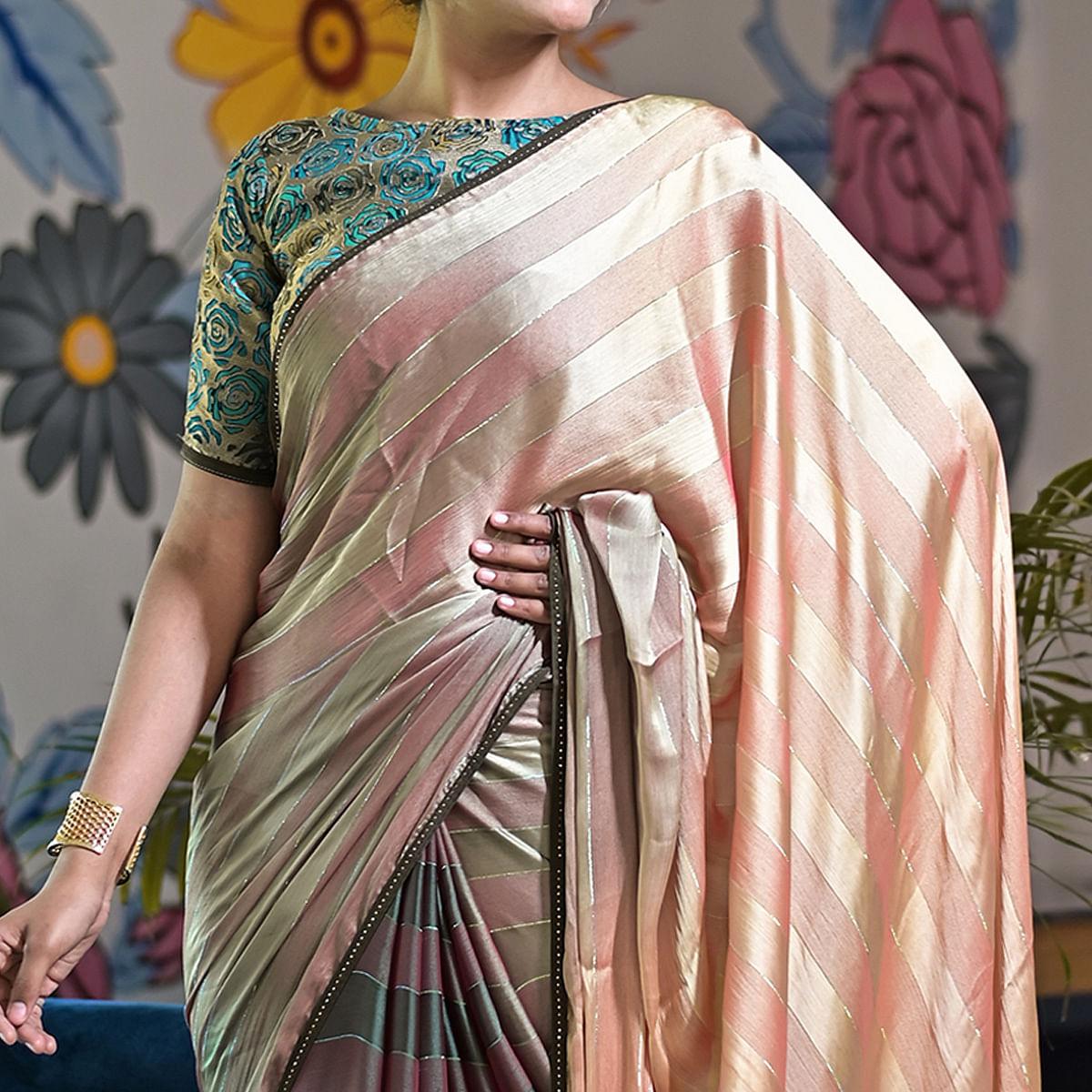 Pink-Cream Stripe Printed Satin Saree - Peachmode