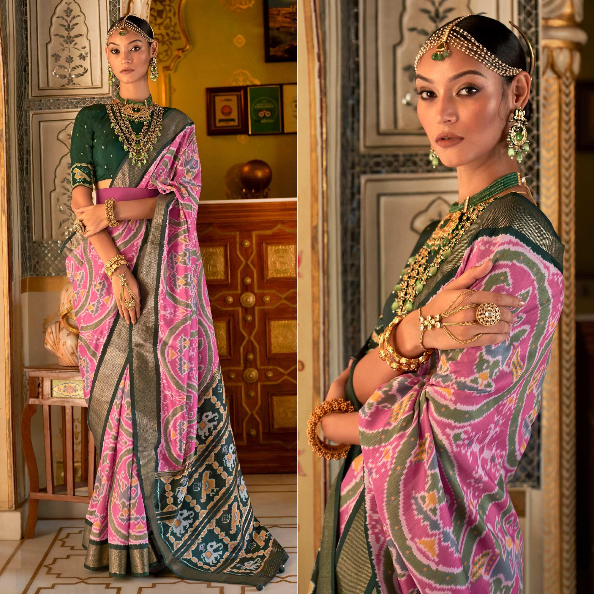 Pink Digital Patola Printed Silk Saree - Peachmode