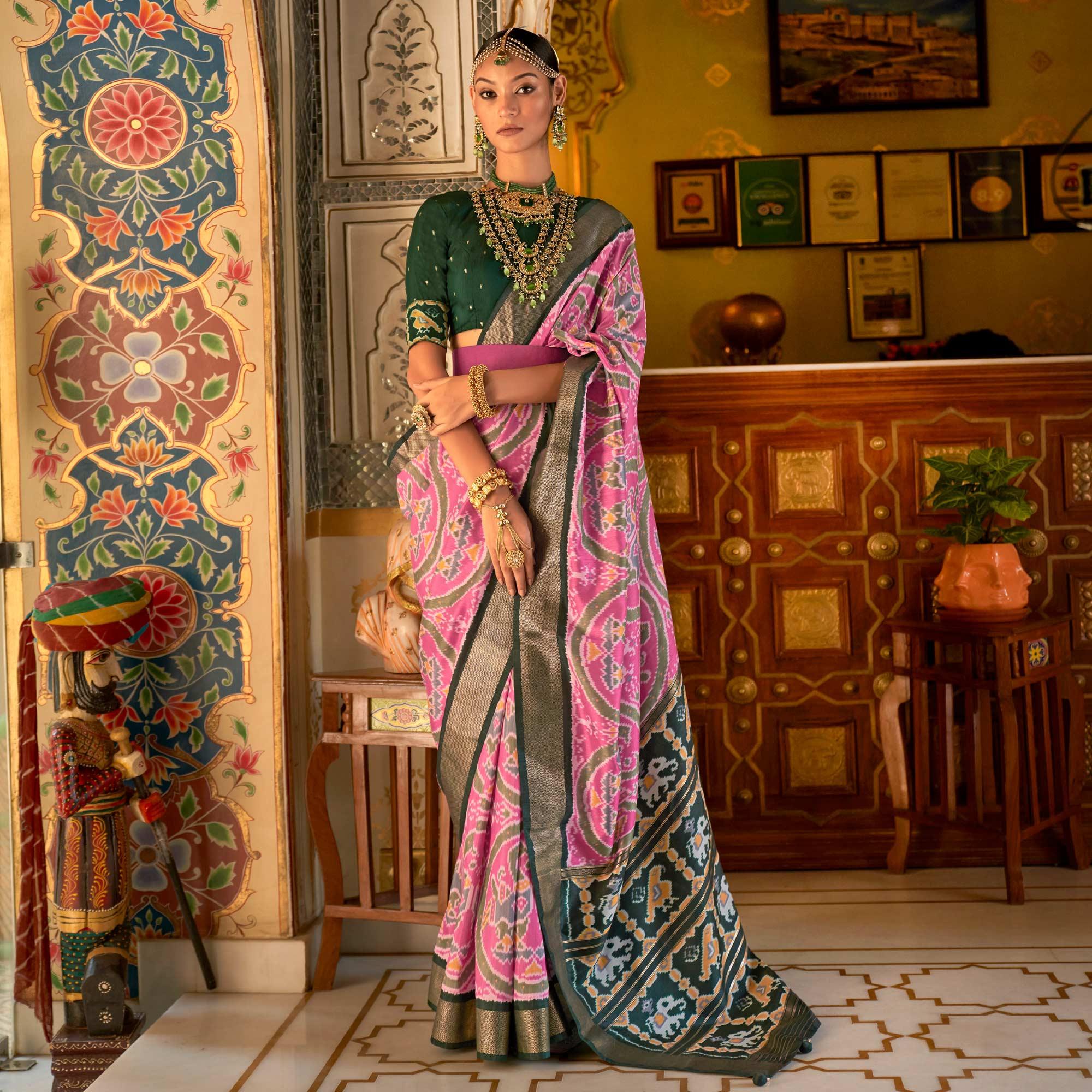 Pink Digital Patola Printed Silk Saree - Peachmode