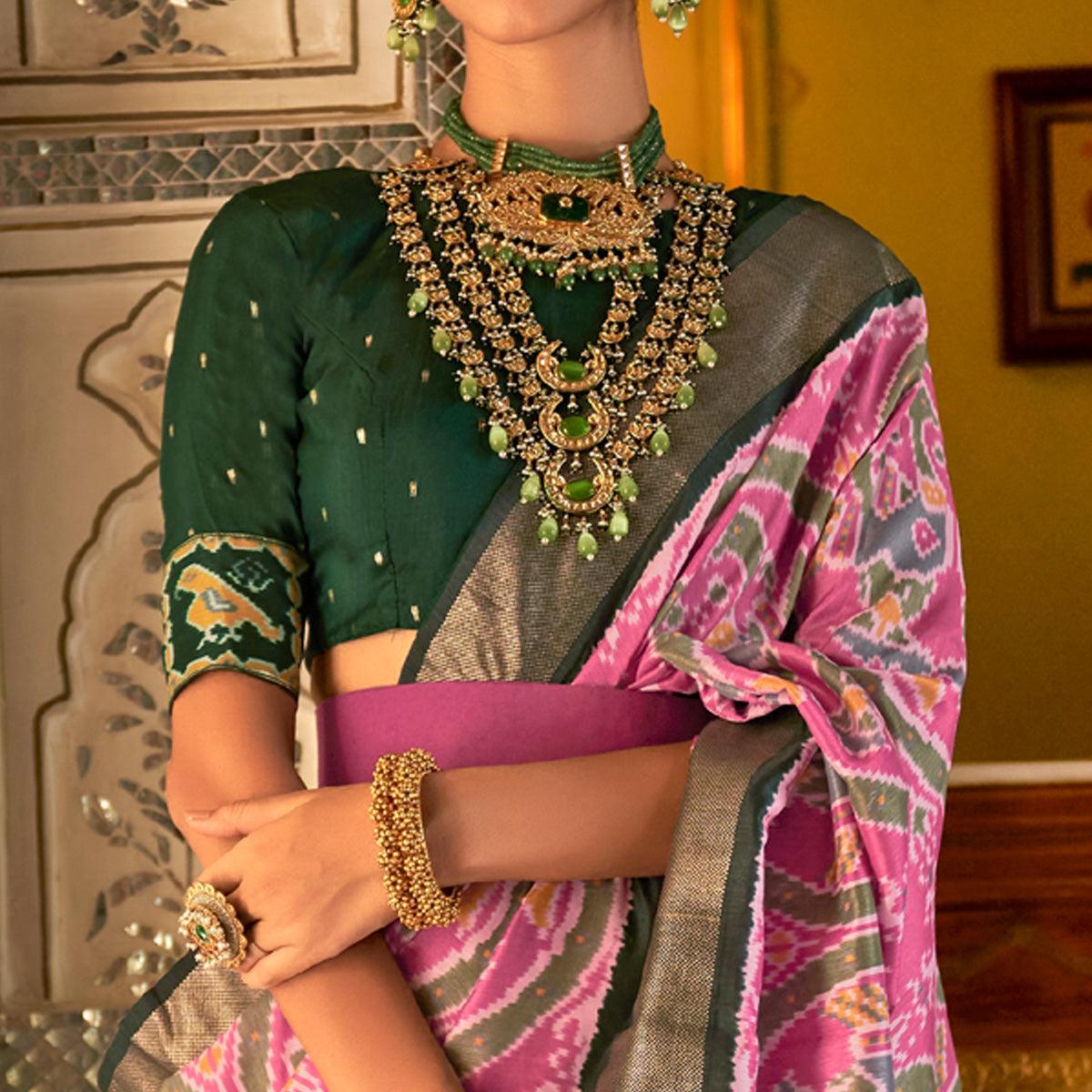 Pink Digital Patola Printed Silk Saree - Peachmode