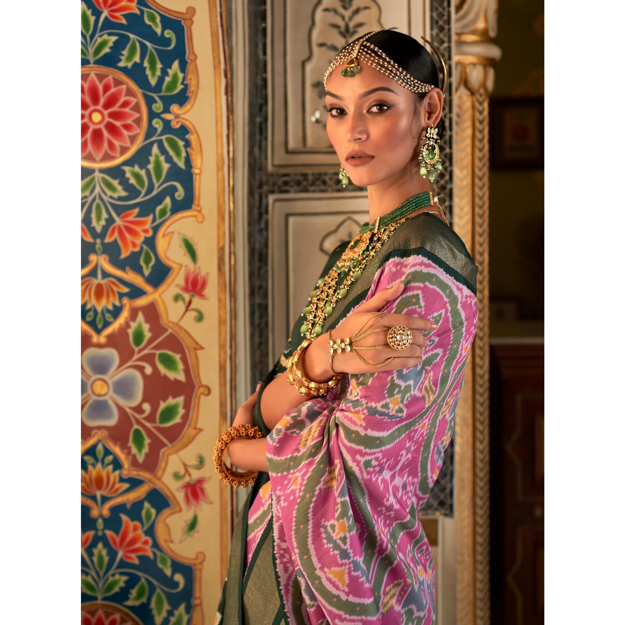 Pink Digital Patola Printed Silk Saree - Peachmode