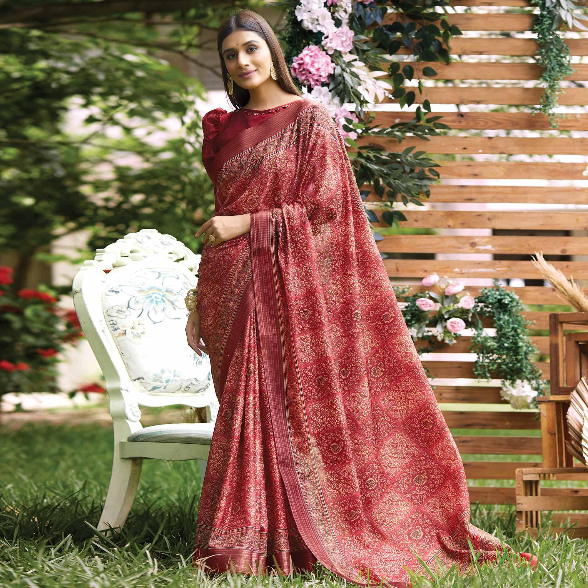 Pink Digital Printed Art Silk Saree - Peachmode