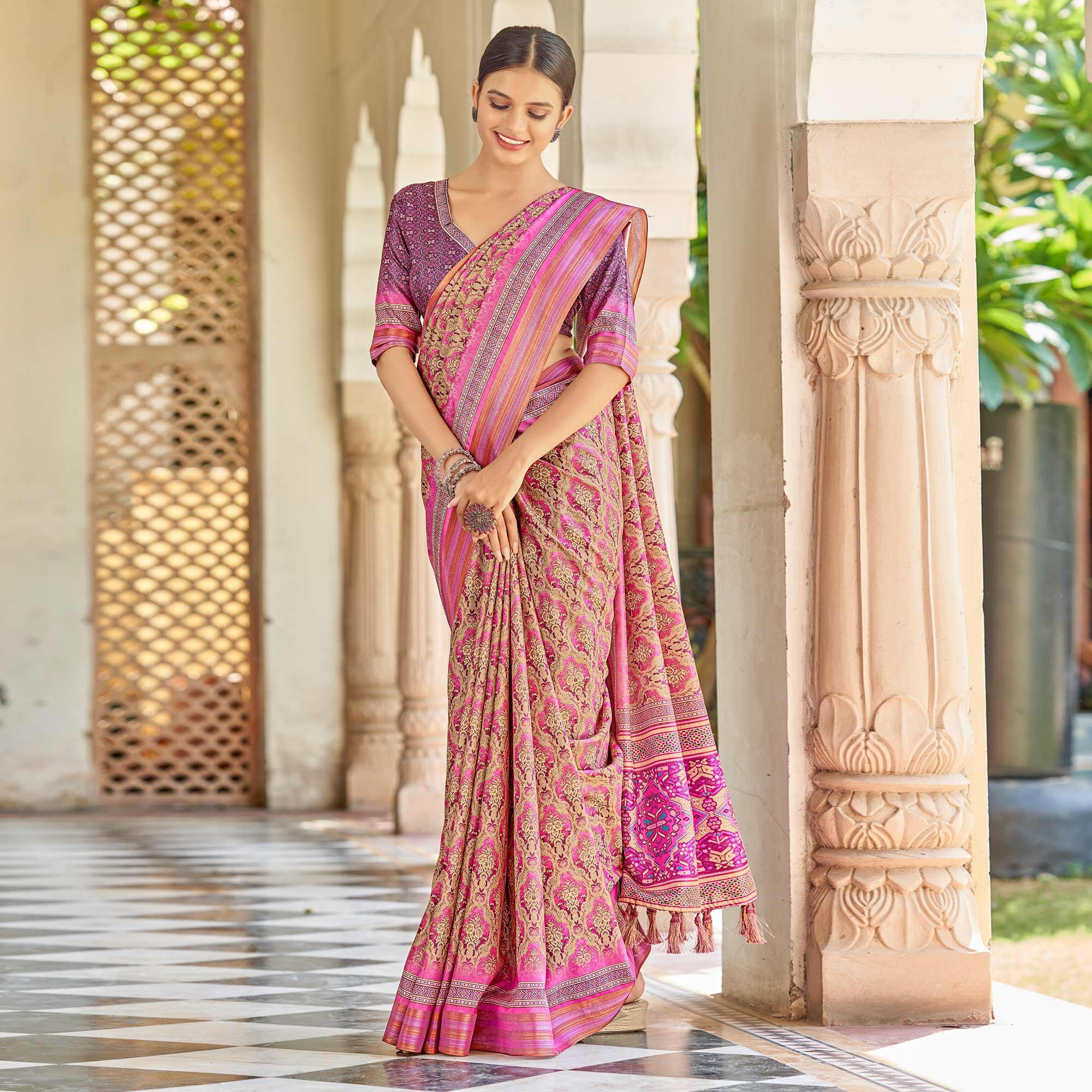 Pink Digital Printed Art Silk Saree - Peachmode