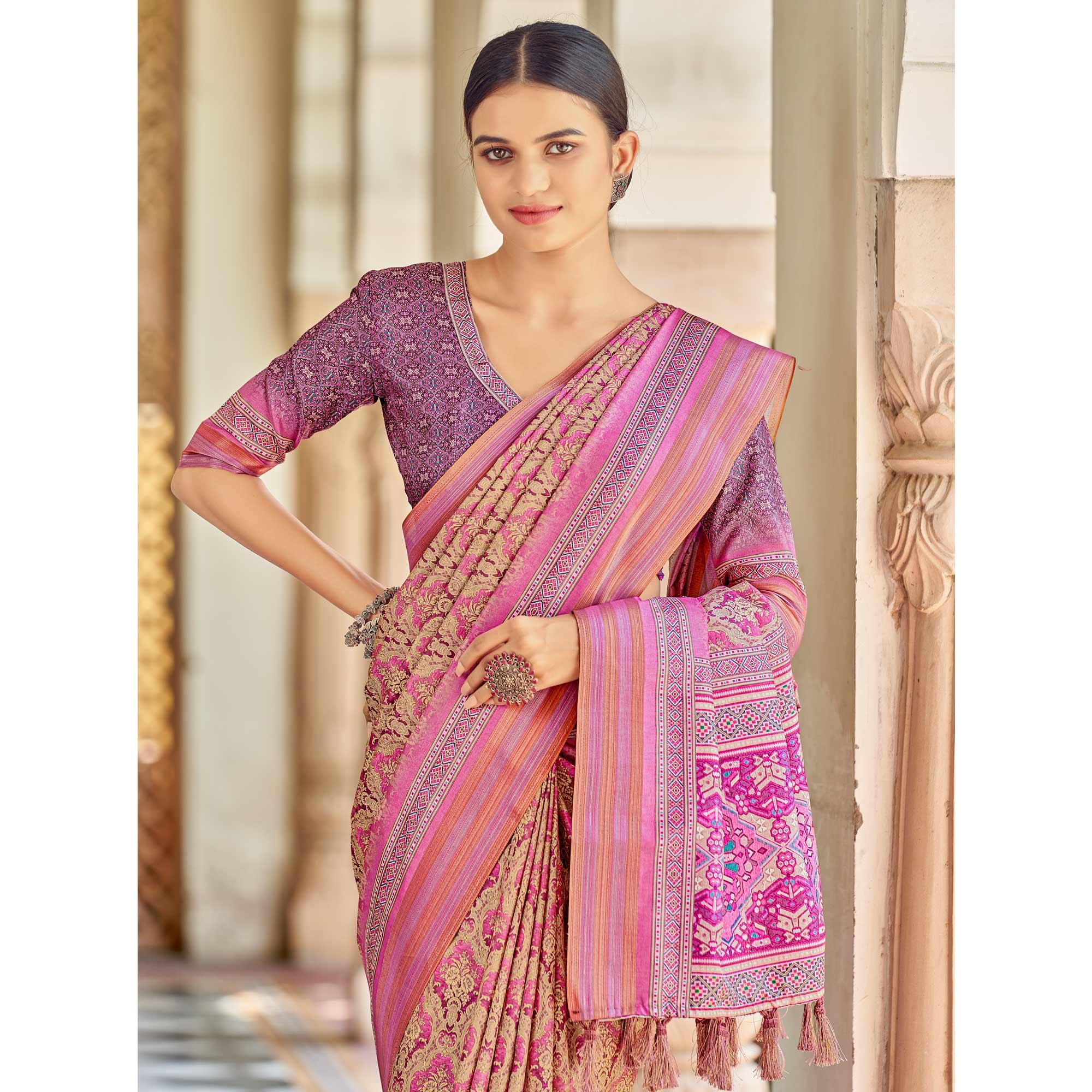 Pink Digital Printed Art Silk Saree - Peachmode