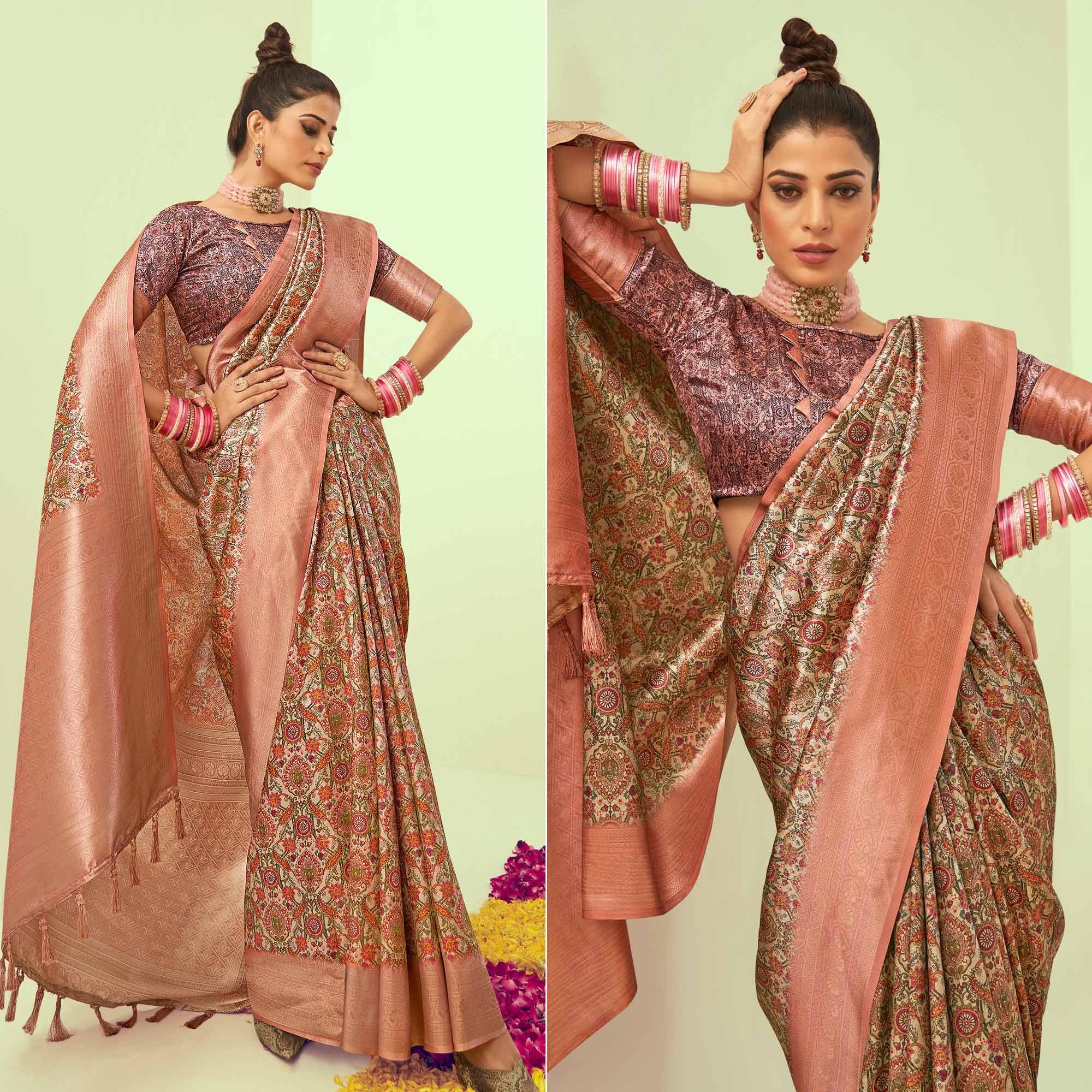 Pink Digital Printed Art Silk Saree With Tassels - Peachmode