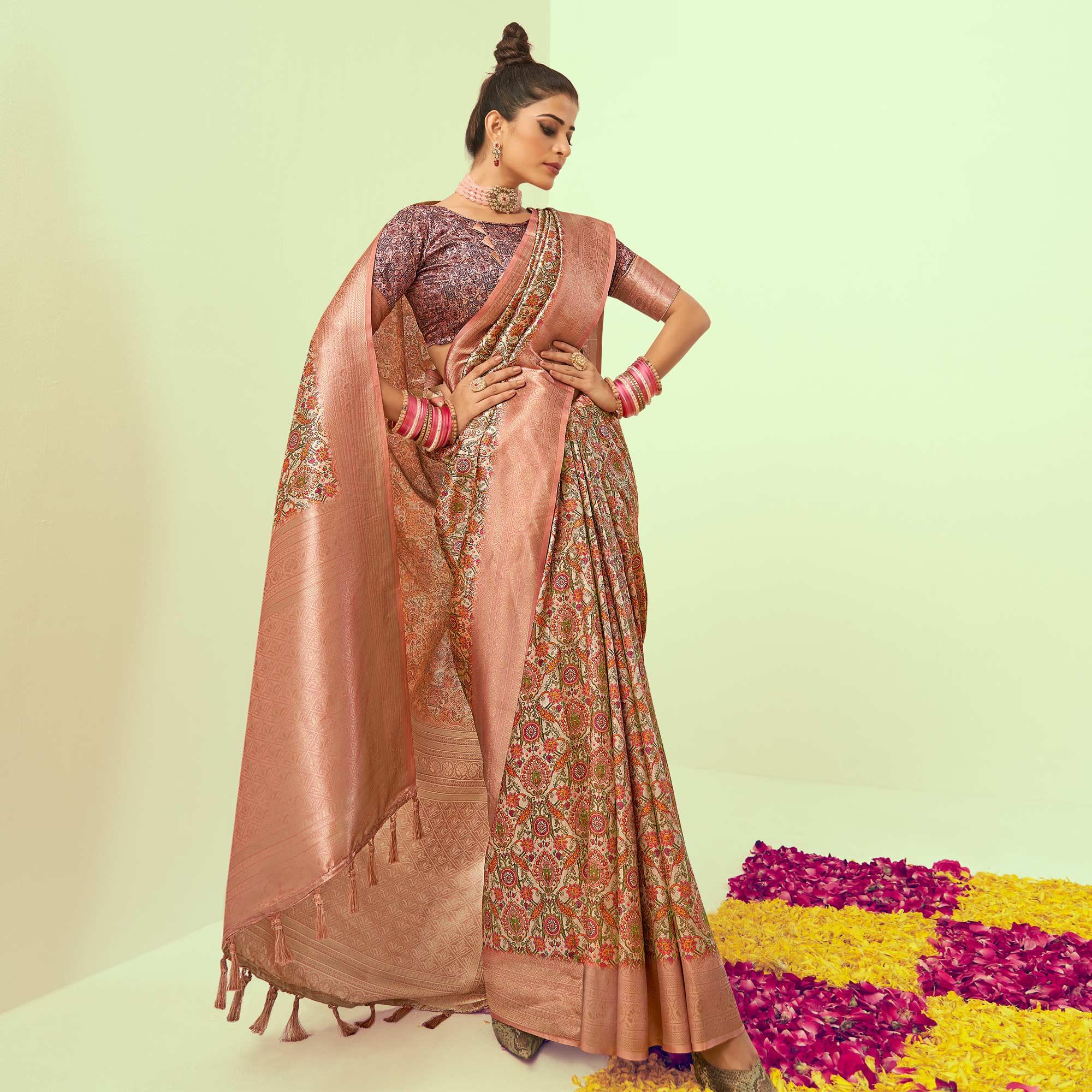Pink Digital Printed Art Silk Saree With Tassels - Peachmode
