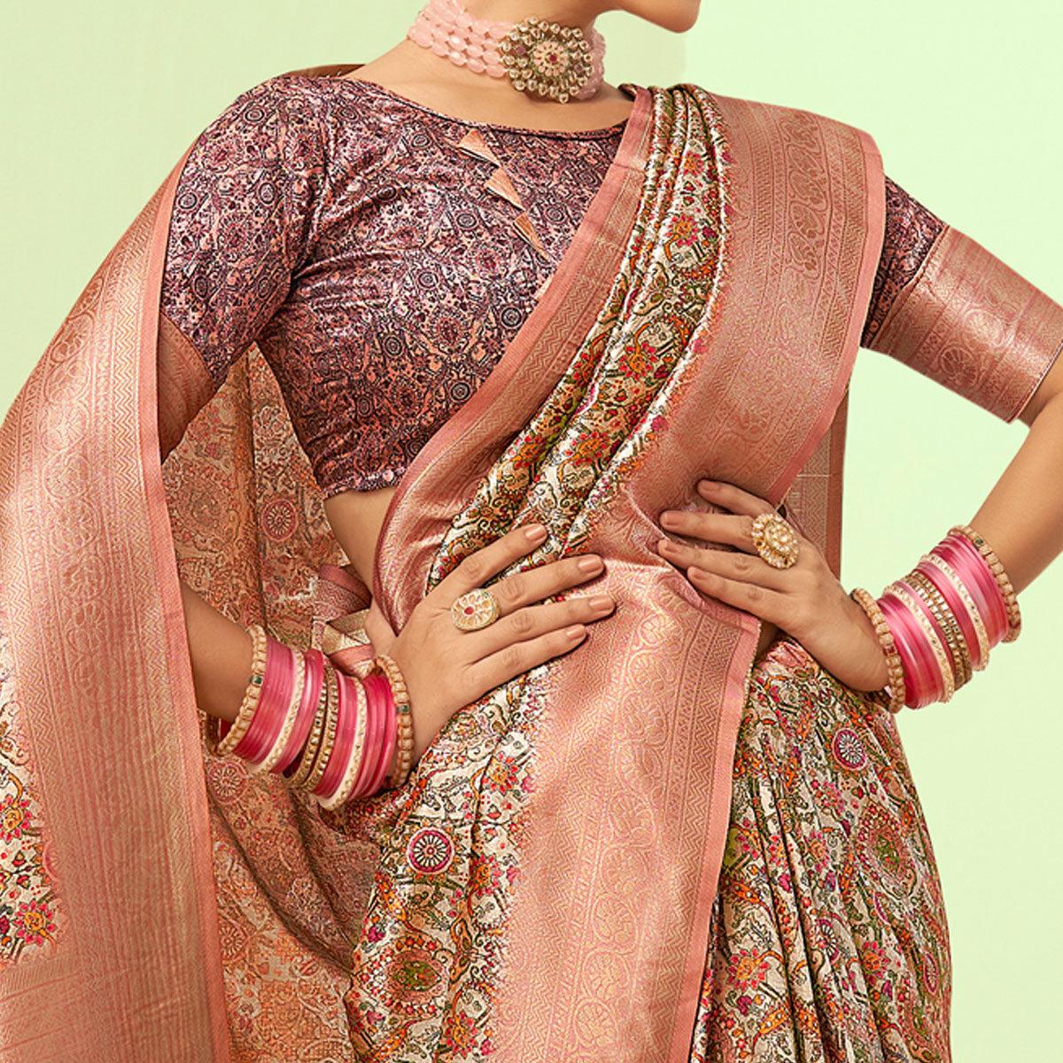 Pink Digital Printed Art Silk Saree With Tassels - Peachmode