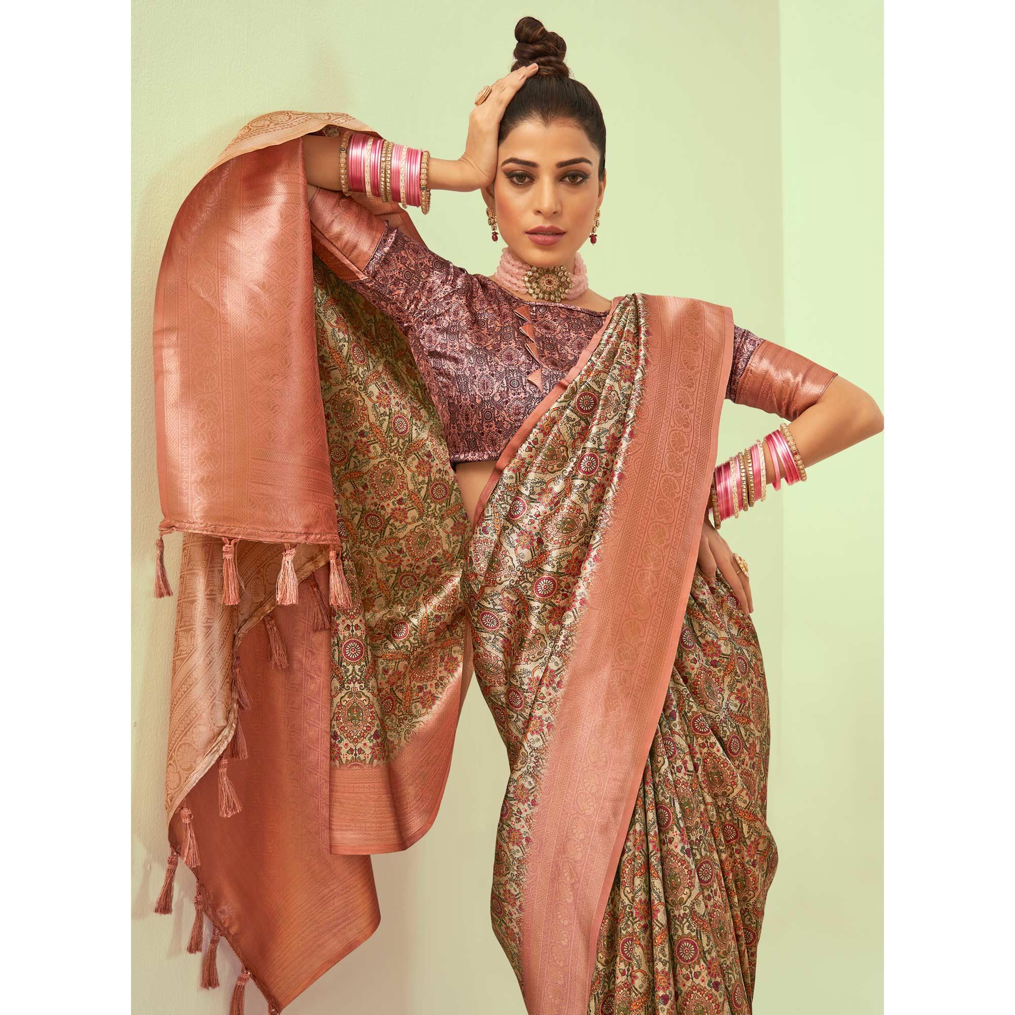 Pink Digital Printed Art Silk Saree With Tassels - Peachmode