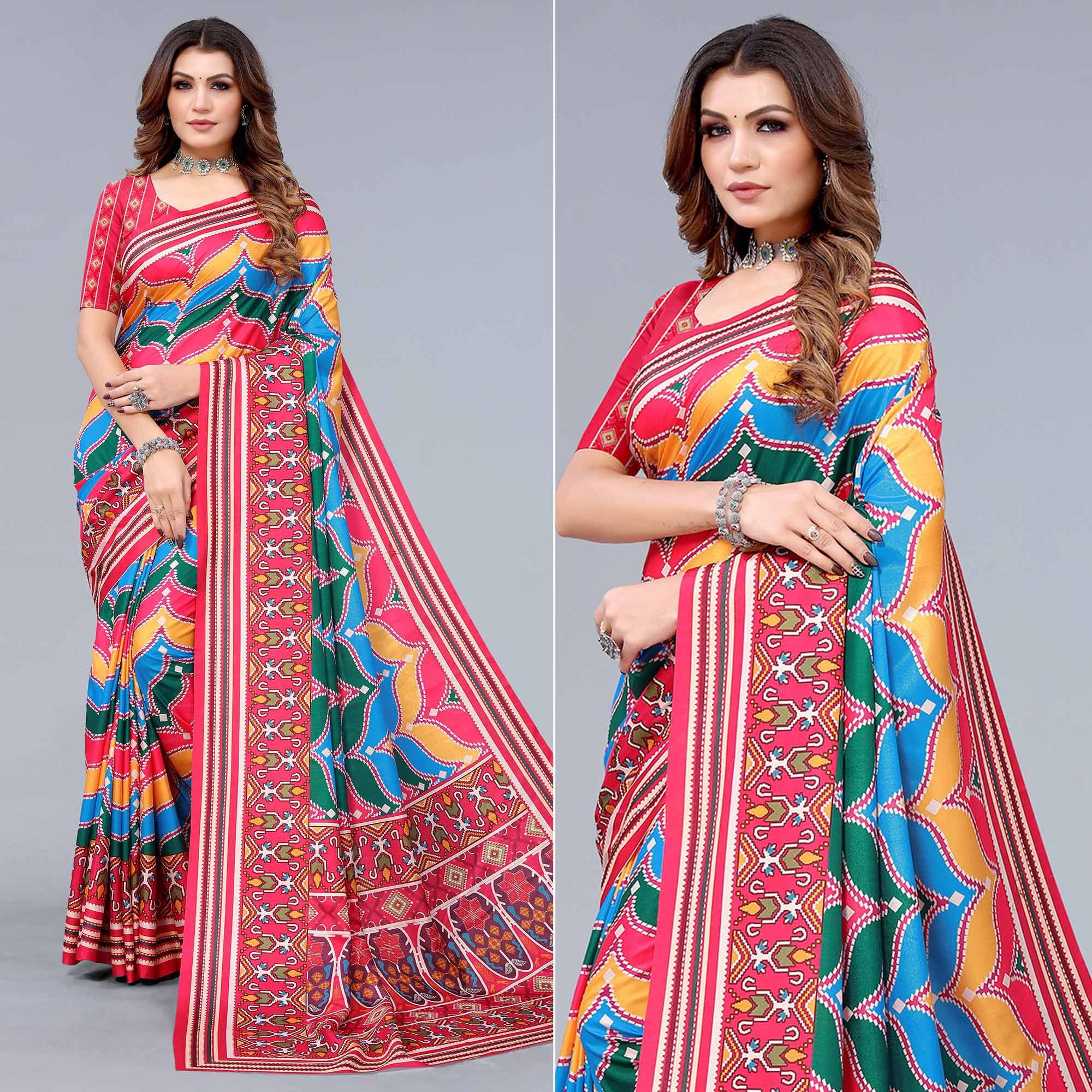Pink Digital Printed Dola Silk Saree - Peachmode
