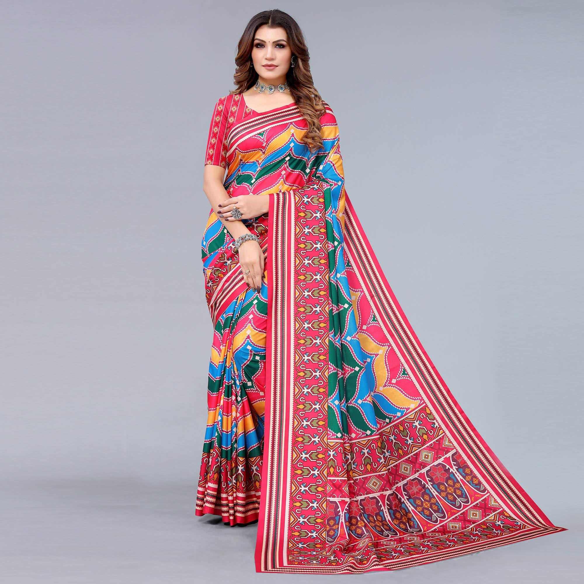 Pink Digital Printed Dola Silk Saree - Peachmode