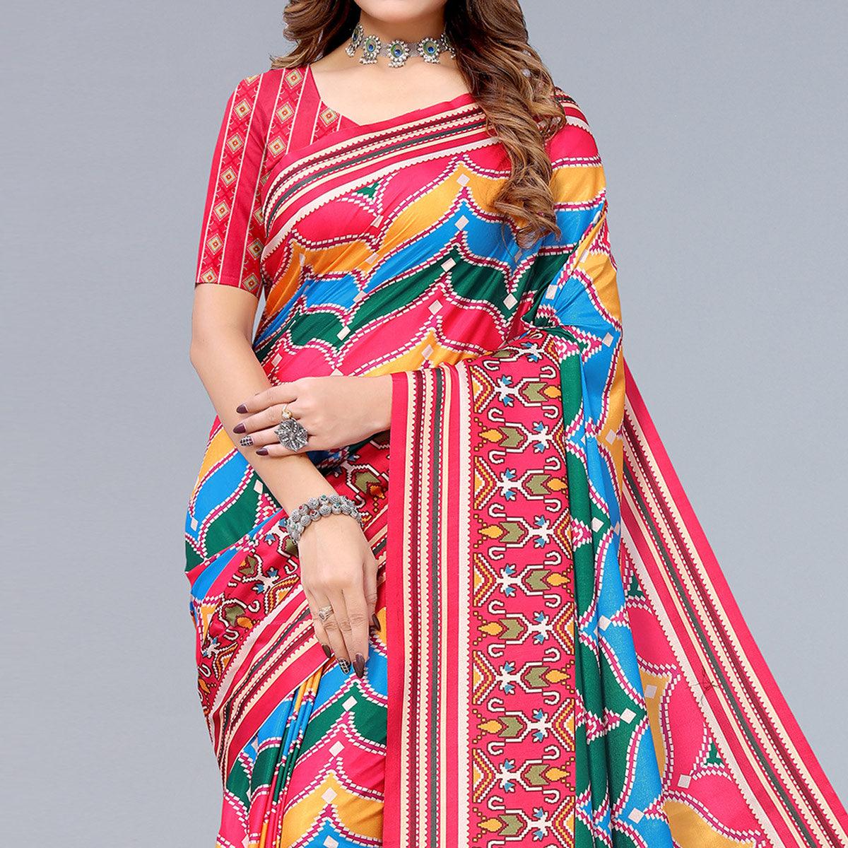 Pink Digital Printed Dola Silk Saree - Peachmode