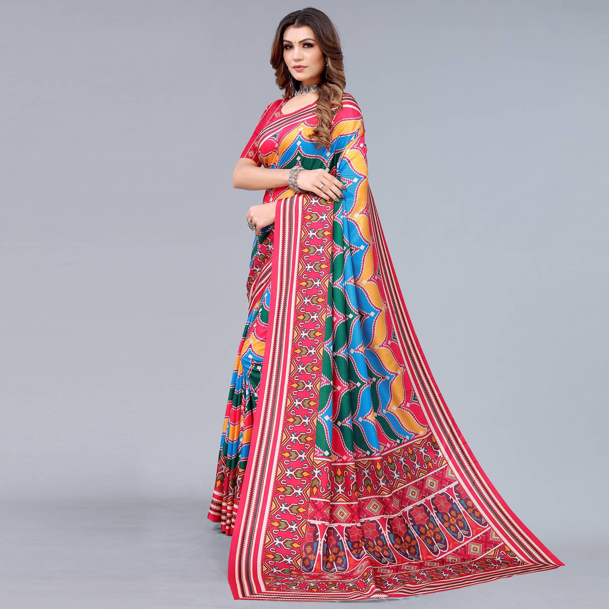 Pink Digital Printed Dola Silk Saree - Peachmode