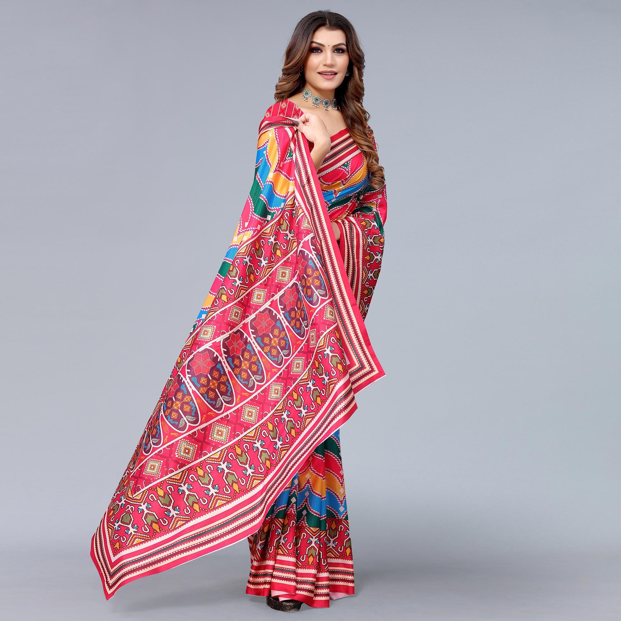 Pink Digital Printed Dola Silk Saree - Peachmode